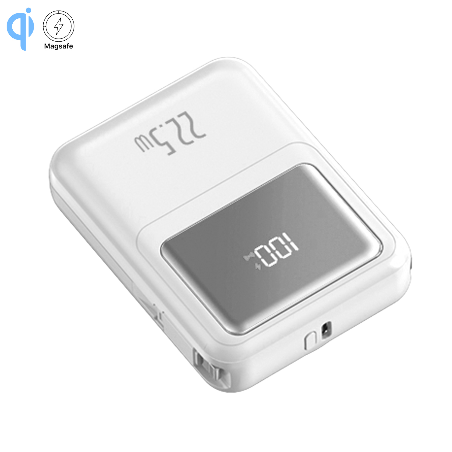 Caricabatterie portatile bianco e grigio con display digitale che mostra il 100%. Il caricabatterie ha un'uscita di 22,5 W e un logo Magsafe.