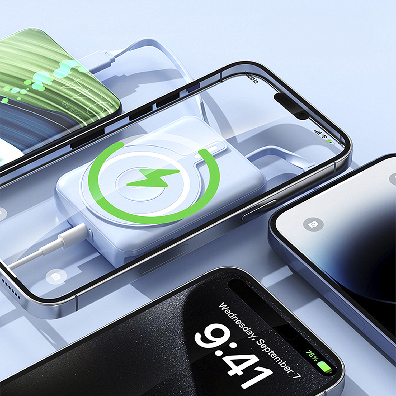 Diversi smartphone con accessori di ricarica. Uno mostra le 9:41. Visibile un caricatore con un fulmine.