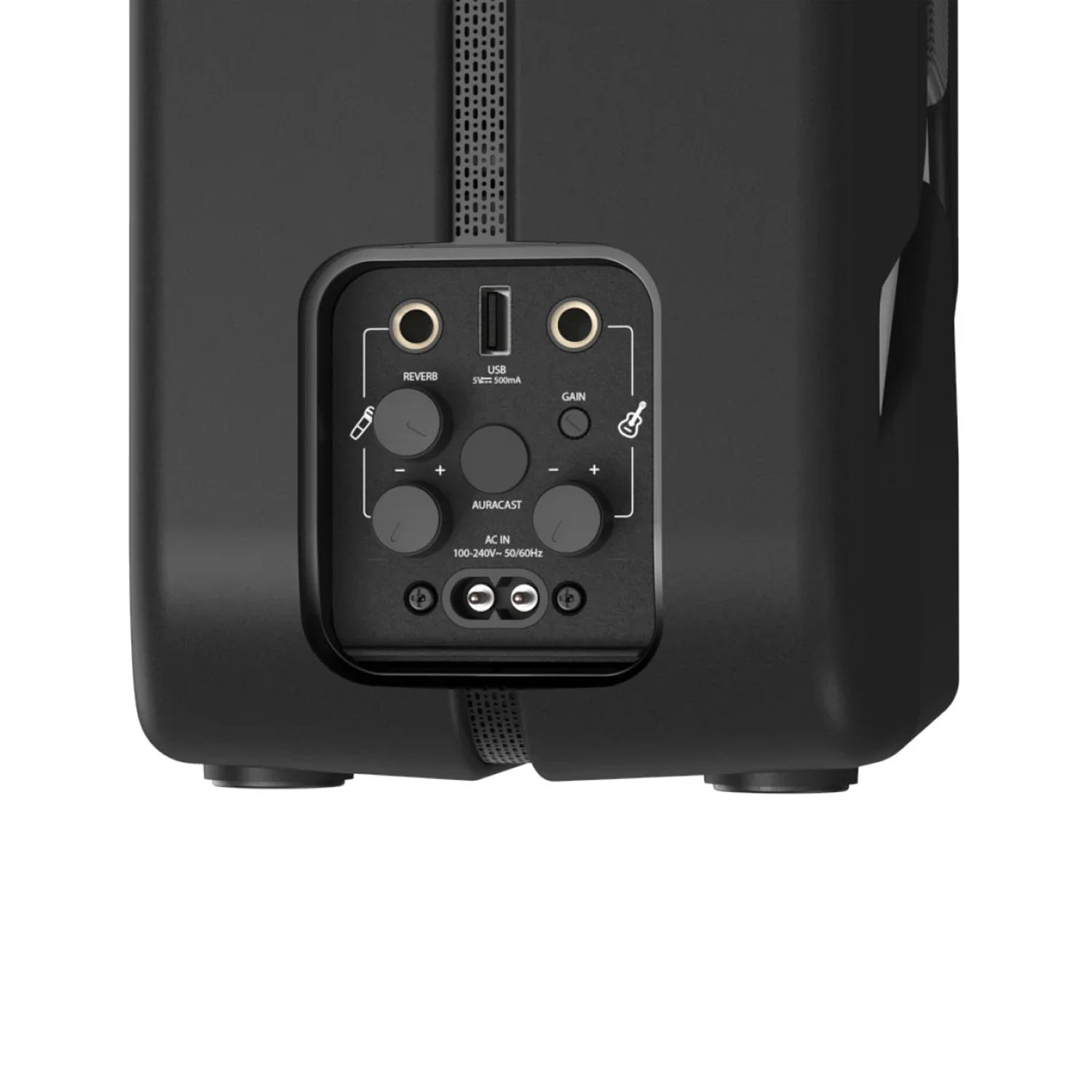 Schwarzes Rückpanel des Audiogeräts. Es hat mehrere Knöpfe, einen USB-Anschluss und Eingangsanschlüsse. Beschriftungen sind Reverb, Gain und Auracast.