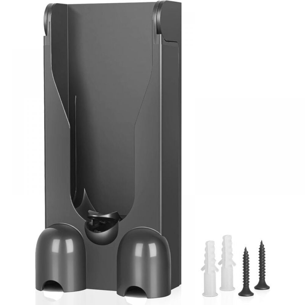 Eine dunkelgraue Wandhalterung für Staubsauger mit Befestigungsmaterial. Die Halterung hat ein gekrümmtes Design mit zwei unteren Stützen.