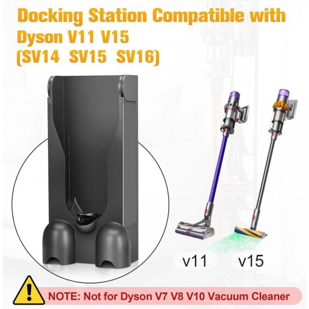 Das Bild zeigt eine schwarze Dockingstation mit zwei Dyson-Staubsaugern. Text weist auf Kompatibilität mit V11, V15 Modellen hin. Achtung: Nicht für V7, V8, V10.