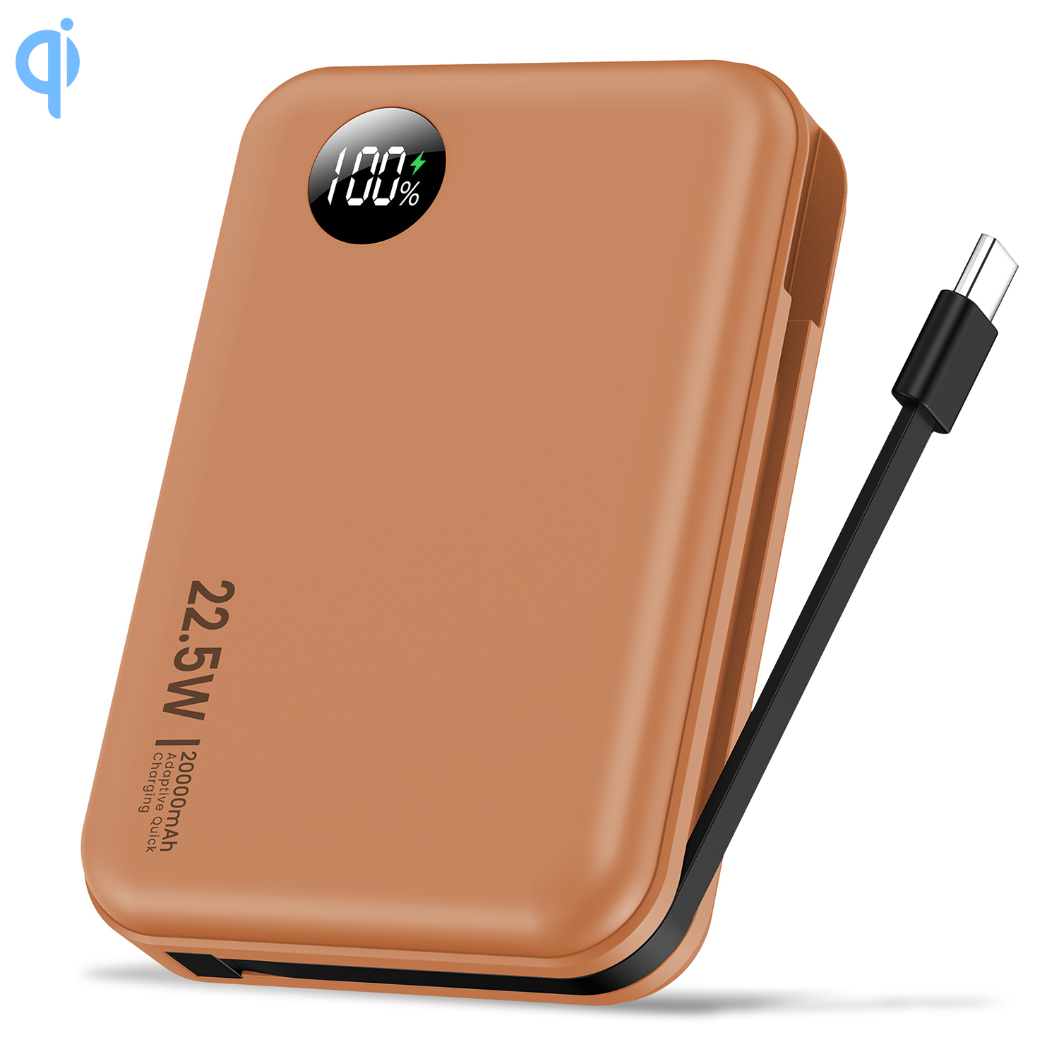 Un power bank marrone mostra il 100% di carica. Ha un cavo di ricarica nero e visualizza 22,5 W e 20000 mAh.