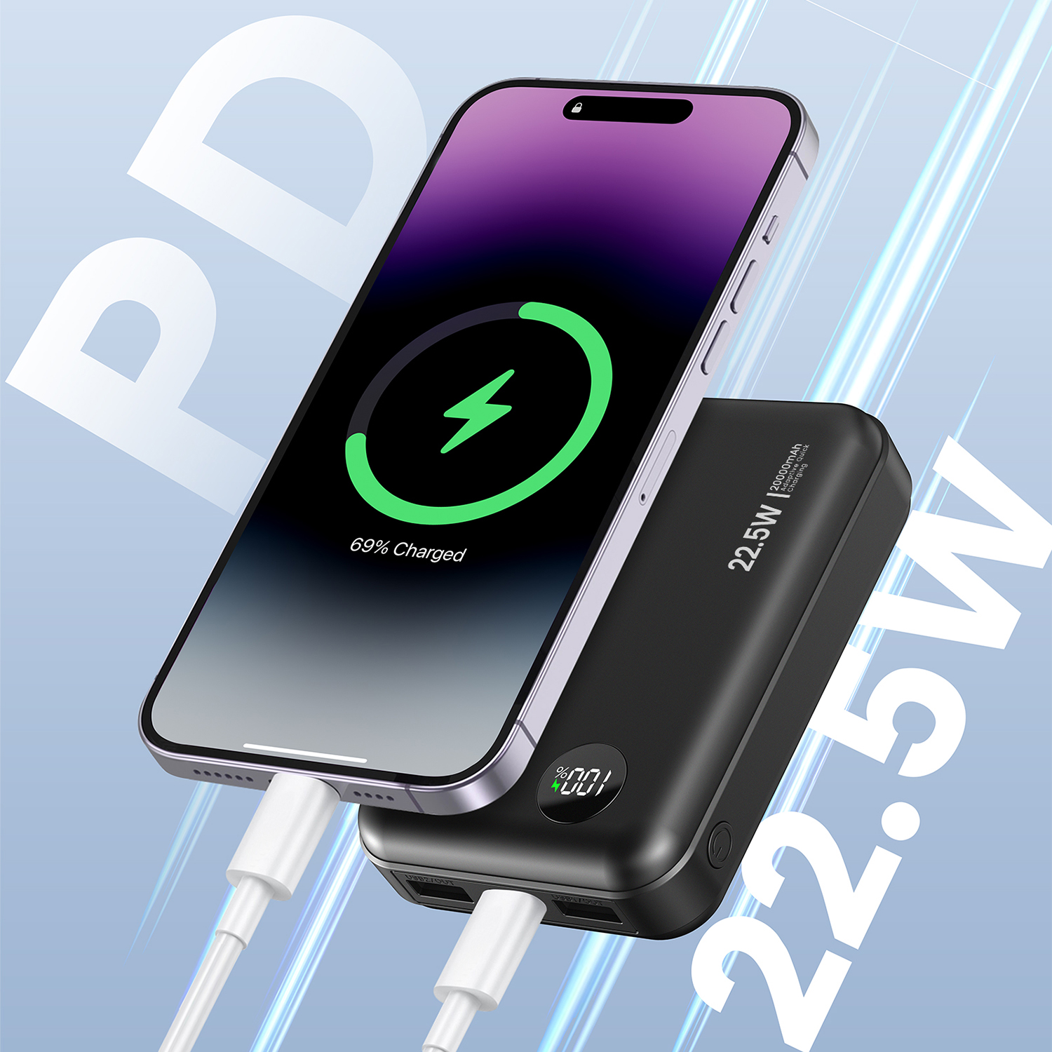 Un telefono in carica su un power bank nero con un cavo bianco. Il telefono mostra il 69% di carica. Lo sfondo presenta testo PD e 22,5W.