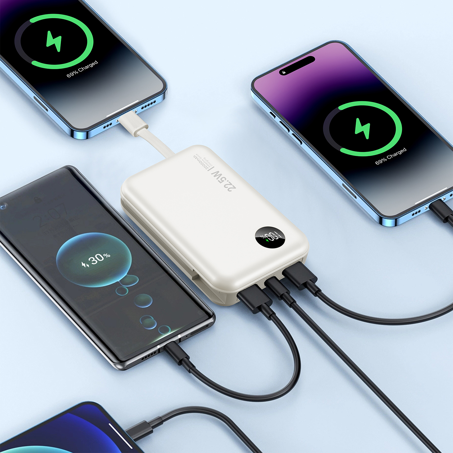 Diversi smartphone in carica da un power bank bianco. I display mostrano lo stato di carica. I cavi collegano i dispositivi.