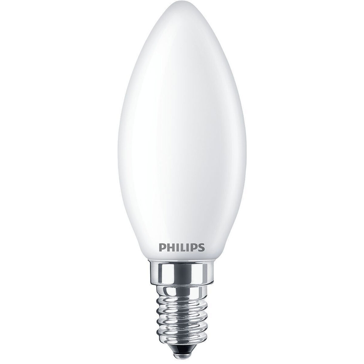 Una lampadina LED Philips bianca, a forma di candela. Ha una base argentata con filettatura e il nome del marchio.