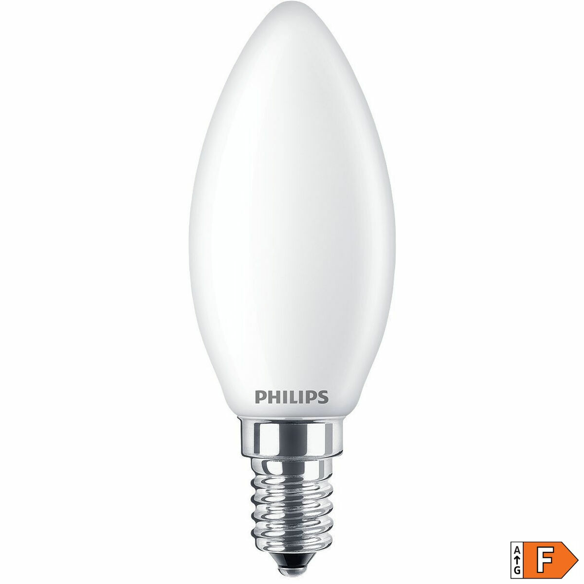 Una lampadina LED Philips bianca a forma di candela. Ha una base argentata e l'etichetta di efficienza energetica.