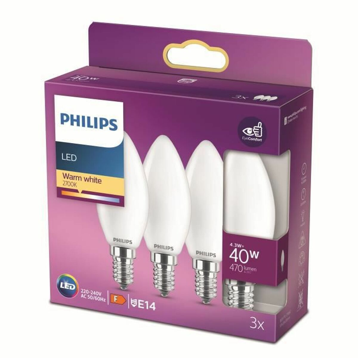 Una confezione di lampadine LED Philips. Mostra tre lampadine bianche in una scatola viola, con testo che indica 40W e 470 lumen.