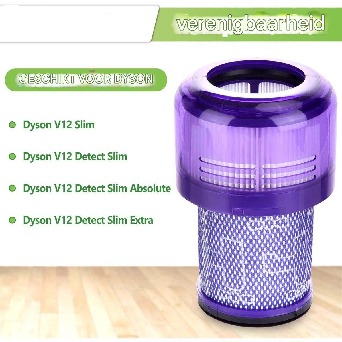 Ein lila Dyson-Filter. Text lautet 'GESCHIKT VOOR DYSON' und listet kompatible Modelle auf. Das Wort 'verenigbaarheid' ist sichtbar.