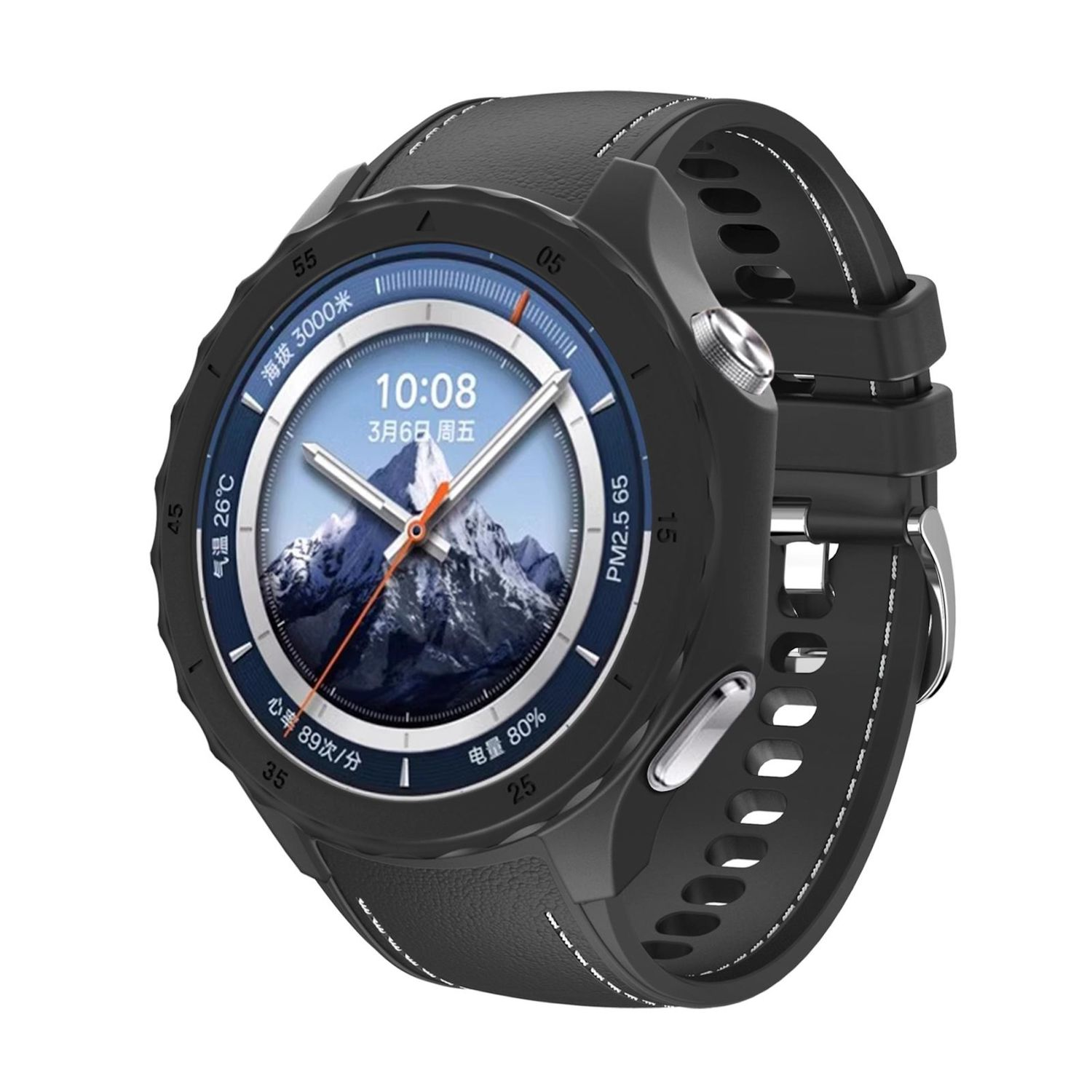 Eine schwarze Smartwatch zeigt Zeit, Höhe und Gesundheitsmetriken an. Sie hat ein schwarzes Armband mit weißen Nähten und einen digitalen Bildschirm.