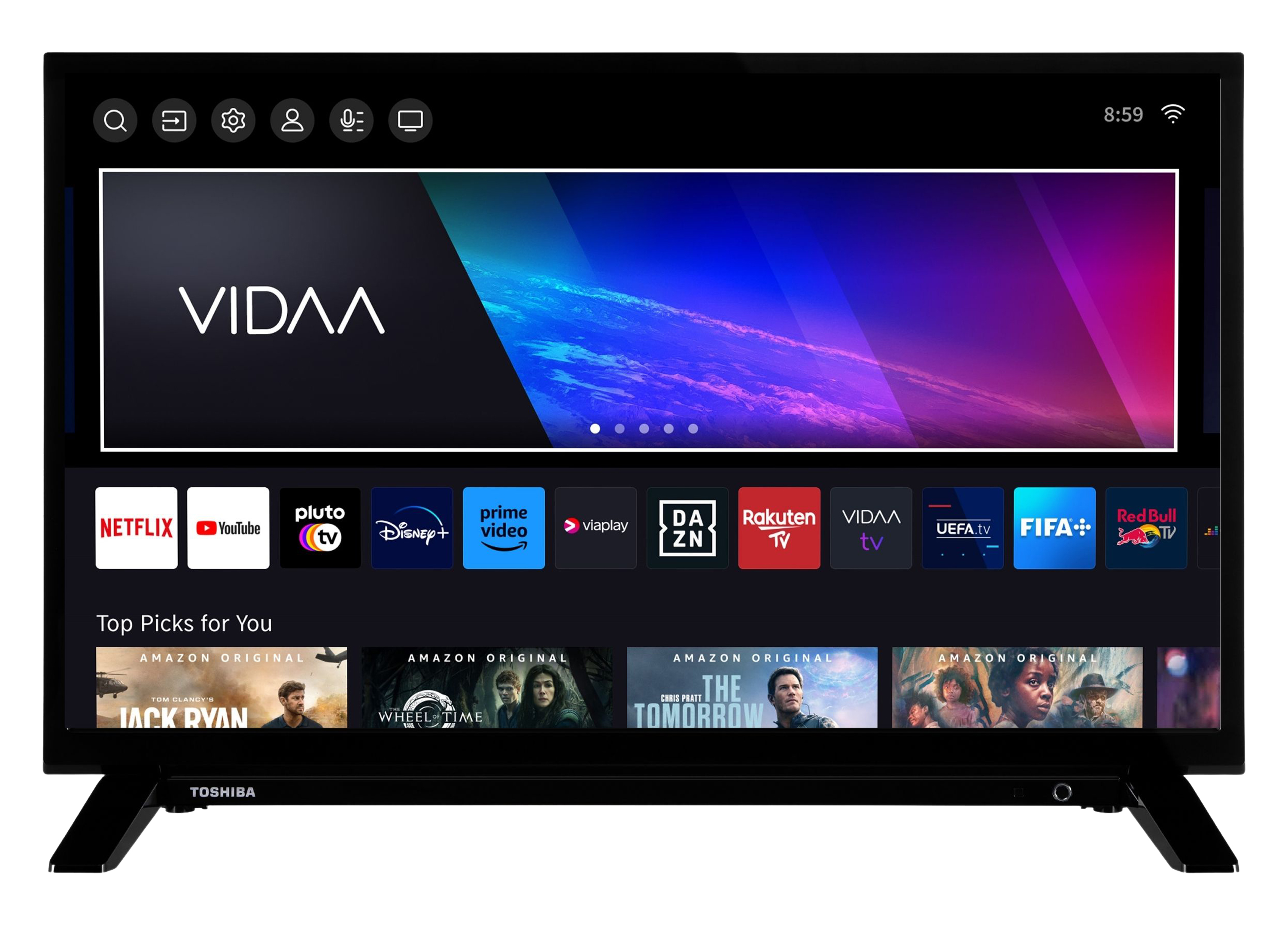 Ein Toshiba-Fernseher zeigt die VIDAA-Oberfläche mit App-Symbolen und Filmvorschlägen.
