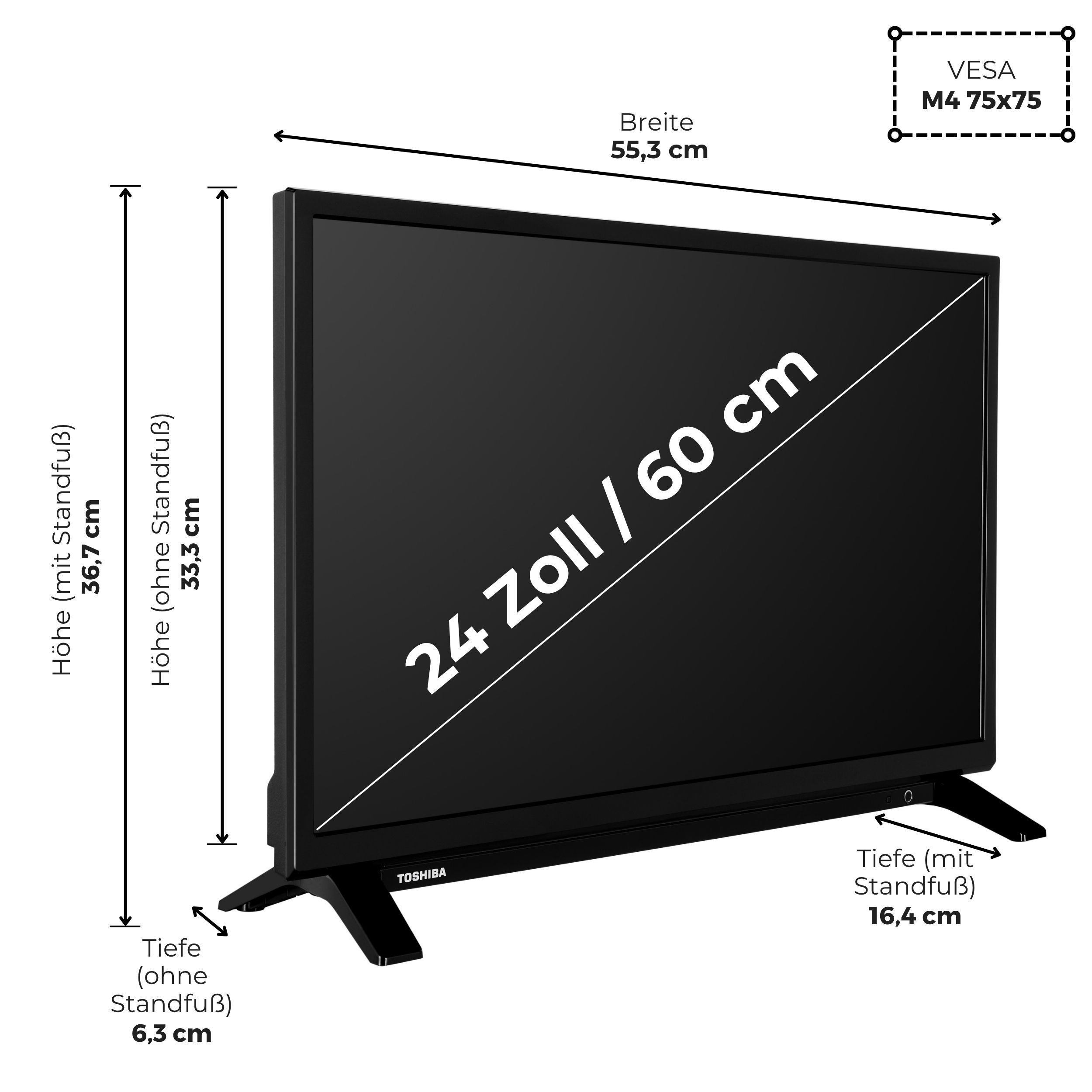 Ein schwarzer Toshiba 24-Zoll-Fernseher mit beschrifteten Abmessungen. Details umfassen Höhe, Breite und Tiefe.