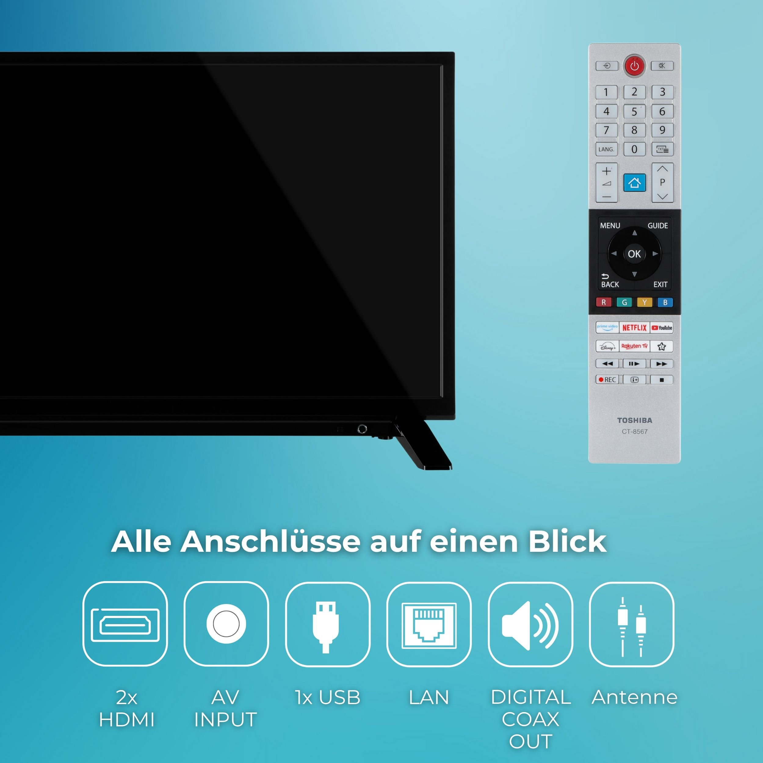 Ein Fernseher mit Fernbedienung. Zeigt Anschlüsse wie HDMI, USB und LAN. Enthält eine Toshiba-Fernbedienung.