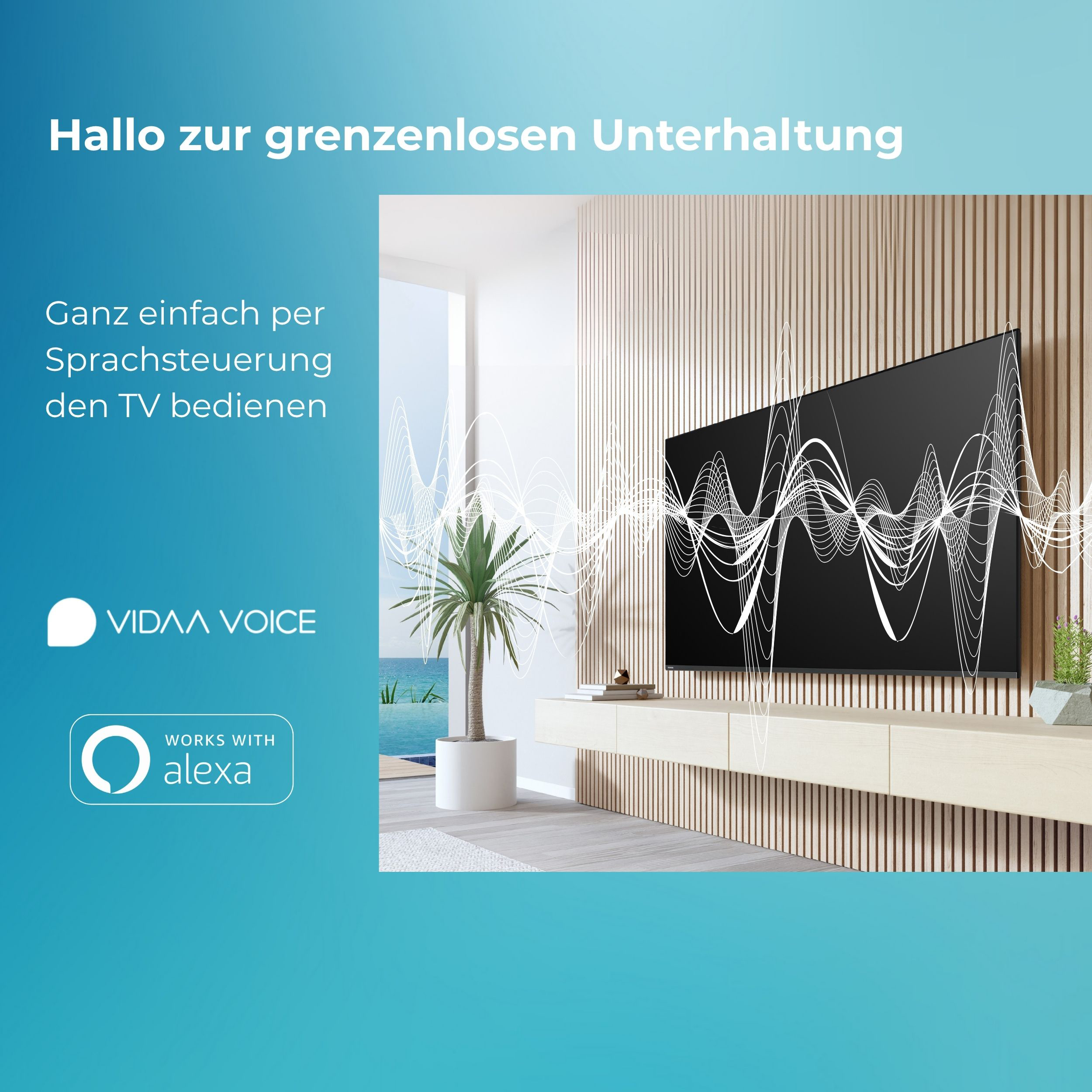 Wohnzimmerszene mit Fernseher, Palmen und Alexa-Logo. Text: 'Hallo zur grenzenlosen Unterhaltung'.