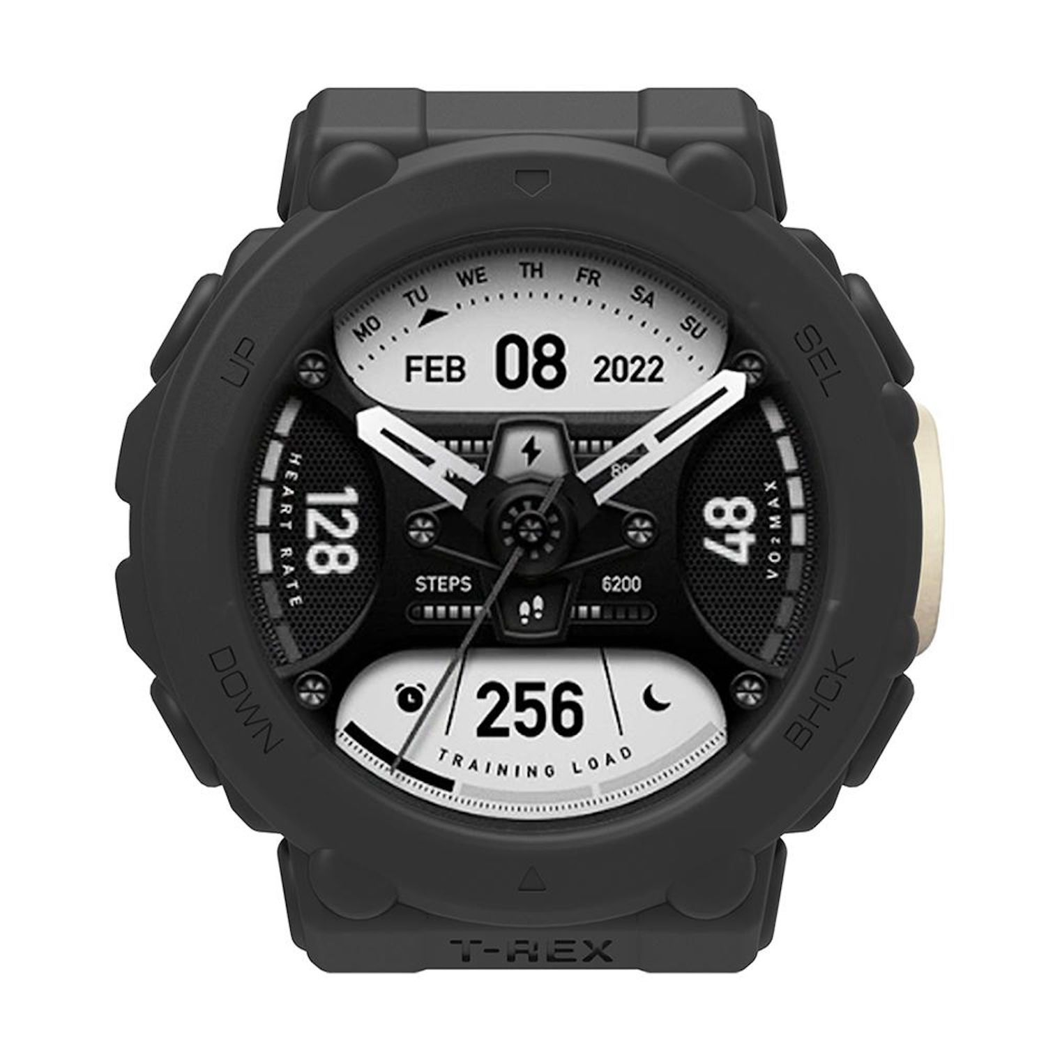 Lo smartwatch nero mostra dati come frequenza cardiaca 128, passi, carico di allenamento 256 e VO2max 48. Data: 08 feb 2022.