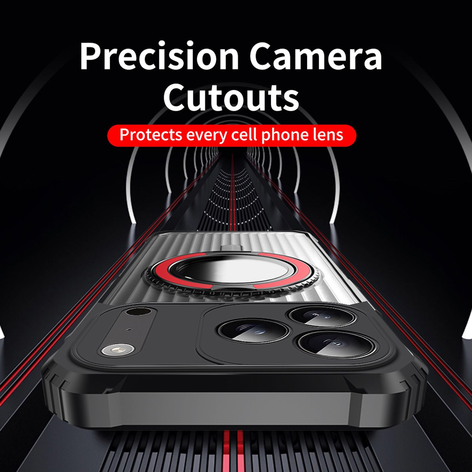 Schwarze Handyhülle mit Kameraausschnitten, roten Akzenten, auf schwarzem Hintergrund. Text: 'Precision Camera Cutouts', 'Protects every lens'.