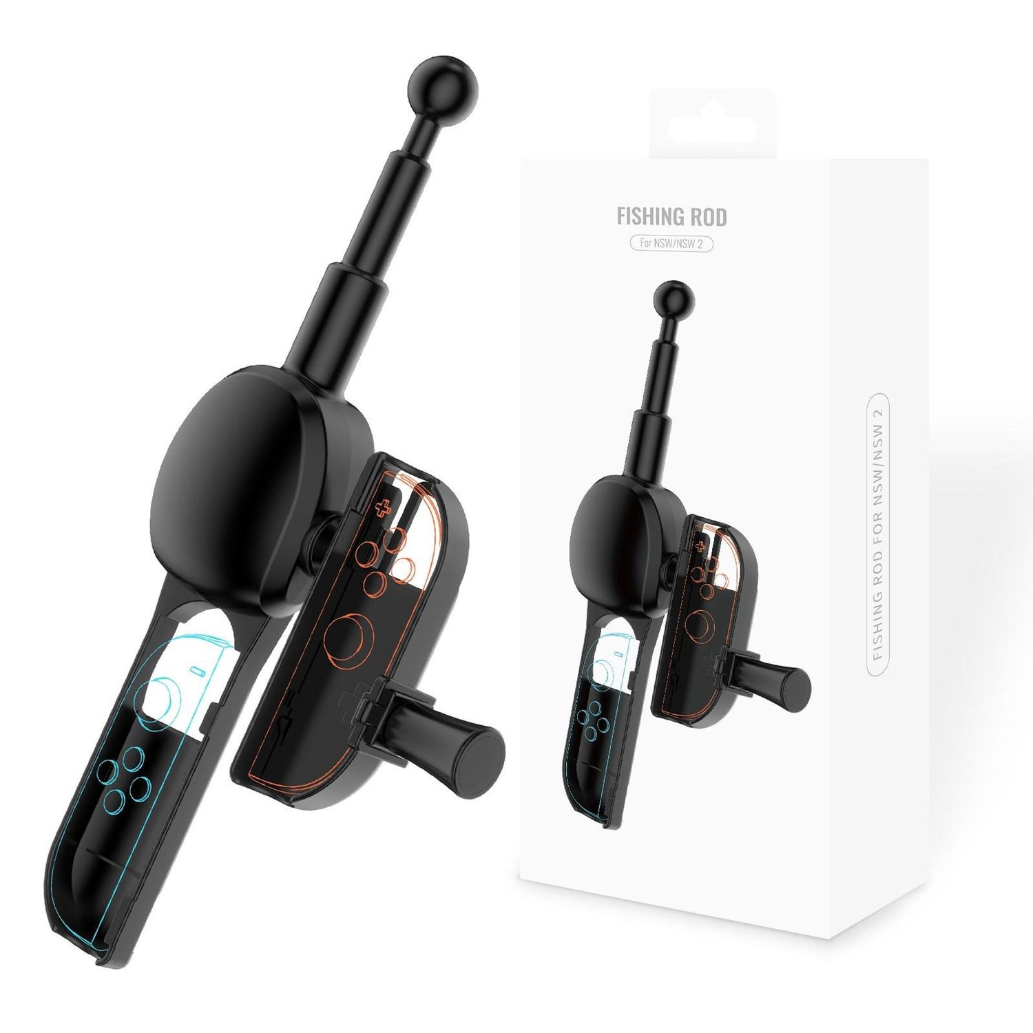 Schwarzes Angelruten-Zubehör für Nintendo Switch. Enthält einen Controller-Griff und eine schwarze Verpackung mit dem Text 'FISHING ROD'.