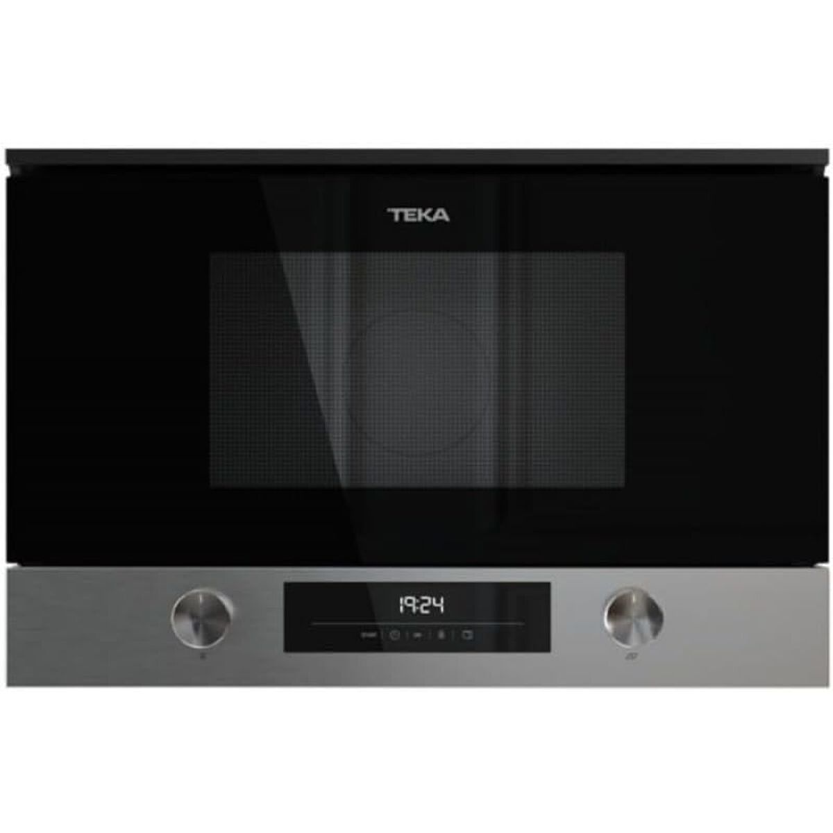 Kuchenka mikrofalowa TEKA z czarnymi szklanymi drzwiami i srebrnym panelem sterowania z cyfrowym zegarem wyświetlającym 19:24.