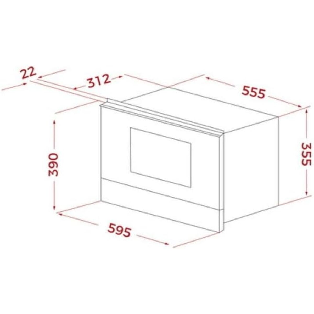 Biała szafka z podanymi wymiarami: 595x355x555. Linie wskazują wymiary, takie jak 390 i 312 oraz 22.