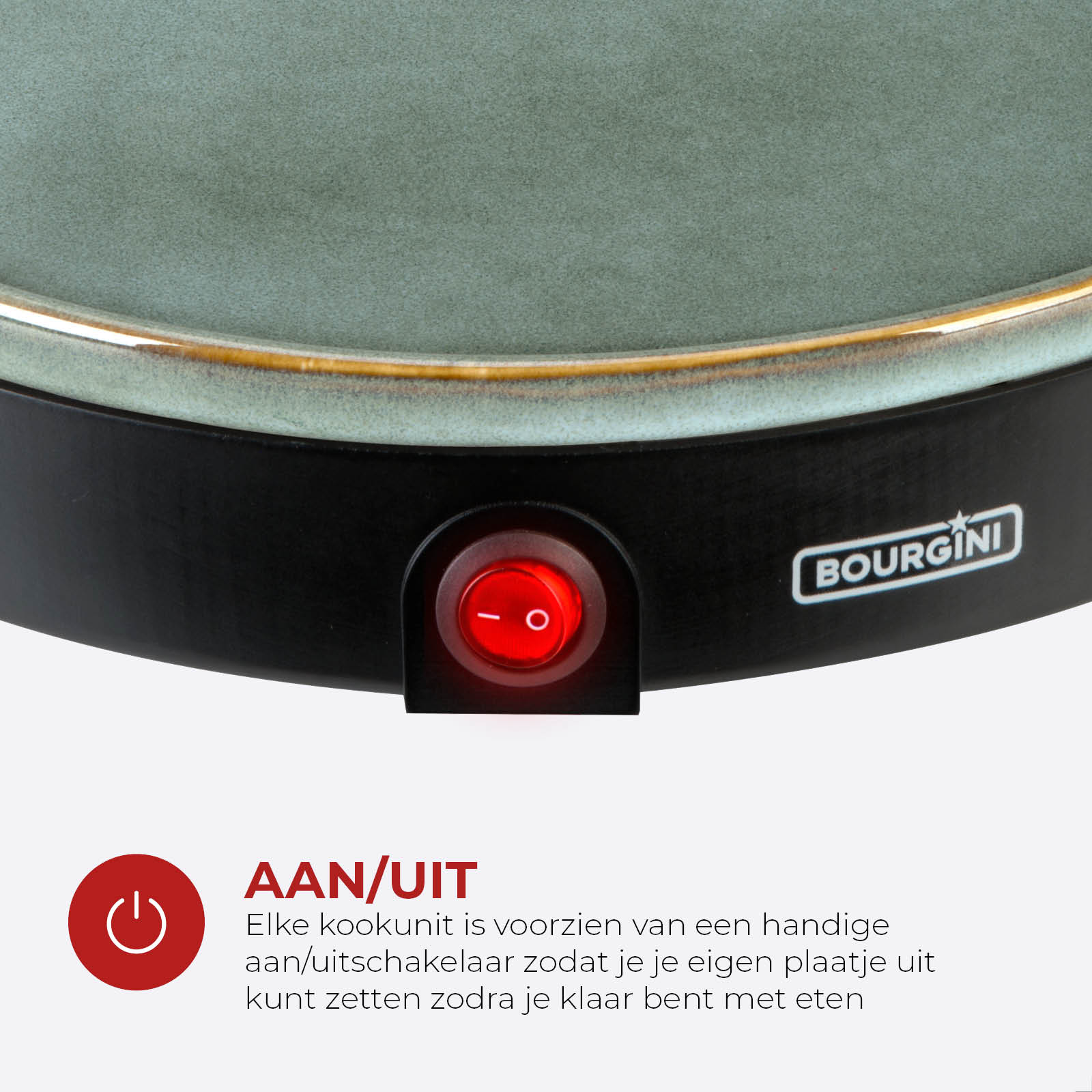 Nahaufnahme eines Bourgini-Geräts mit Ein/Aus-Schalter. Die Oberseite ist grün, die Unterseite schwarz, der Schalter rot.
