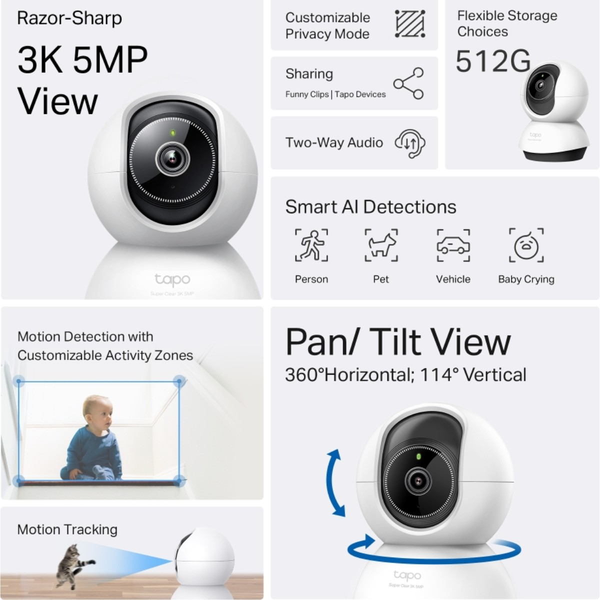 Biała kamera bezpieczeństwa z funkcjami takimi jak widok 3K 5MP, detekcja ruchu i detekcja AI. Zawiera dziecko i kota.