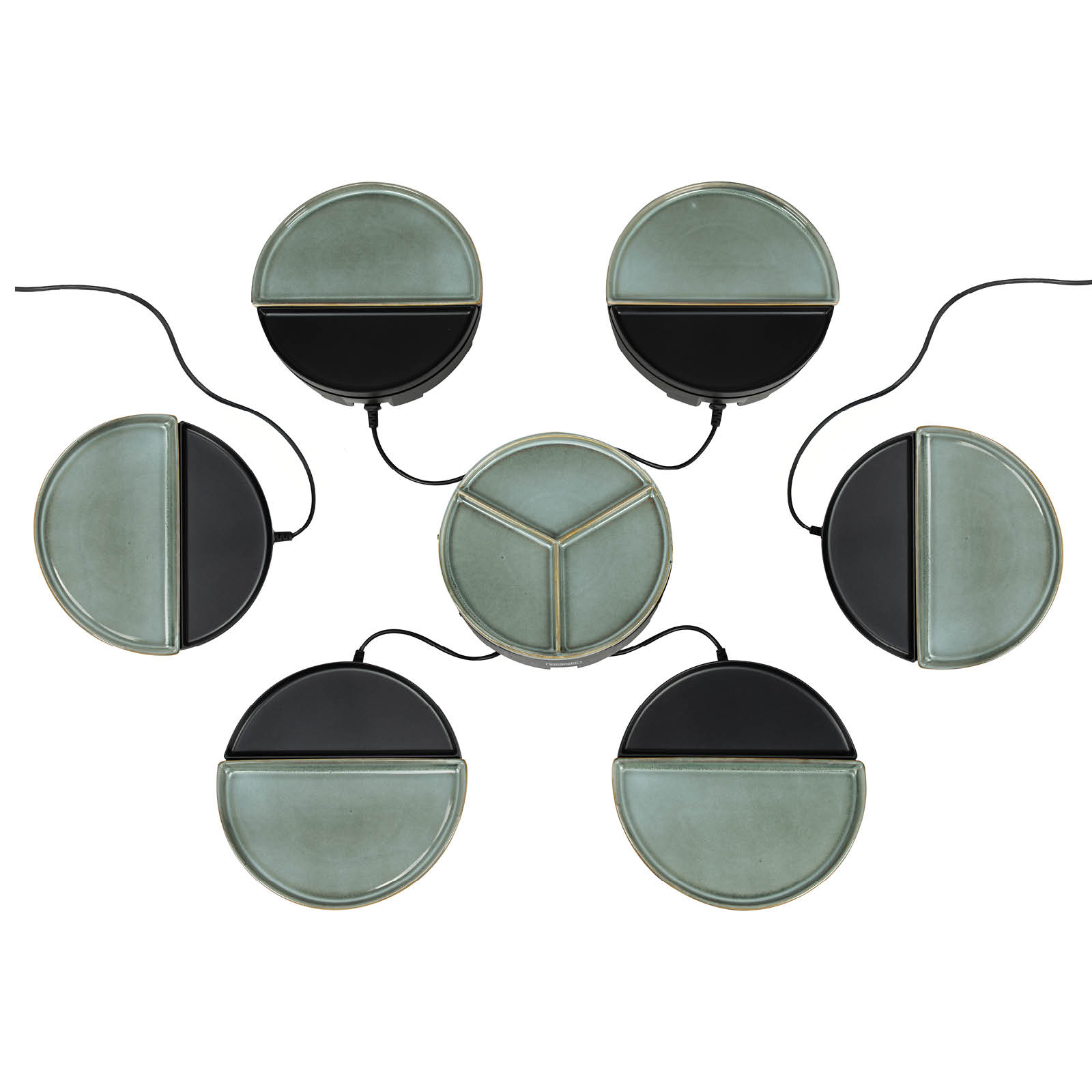 Circular lamps, teal and black, arranged in a pattern with wires extending. A central dish is also teal.