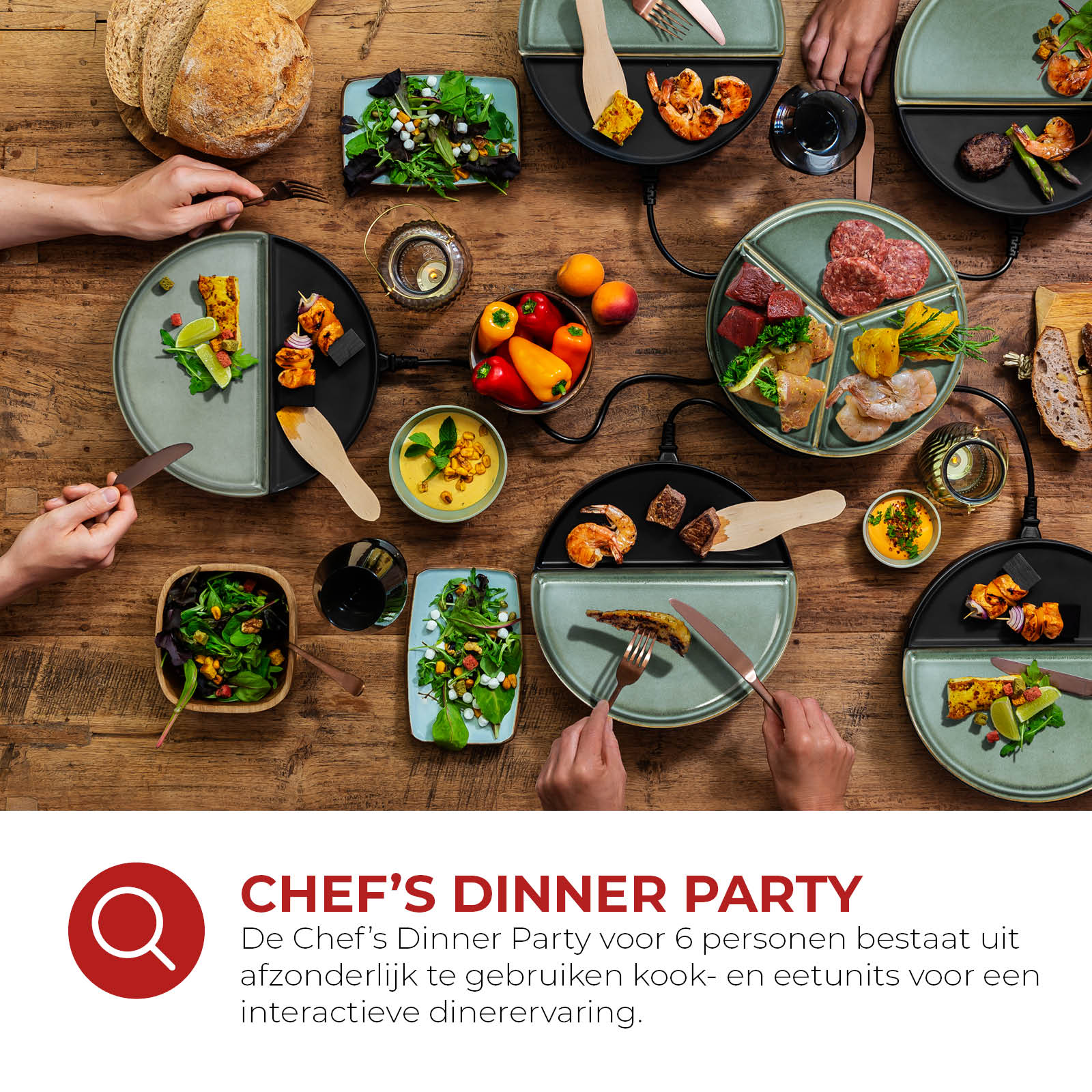 Overhead shot of a dinner party with various foods like grilled meats, salads, and shrimp on individual cooking units.