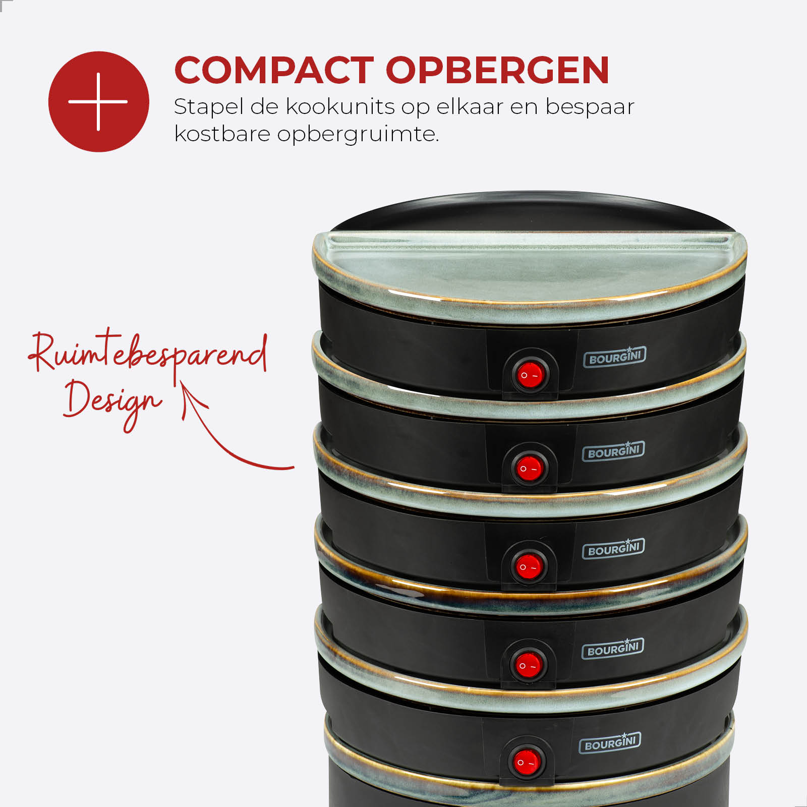 Stackable black cooking units with red buttons and a light-colored rim. Text: Compact Opbergen and Ruimtebesparend Design.