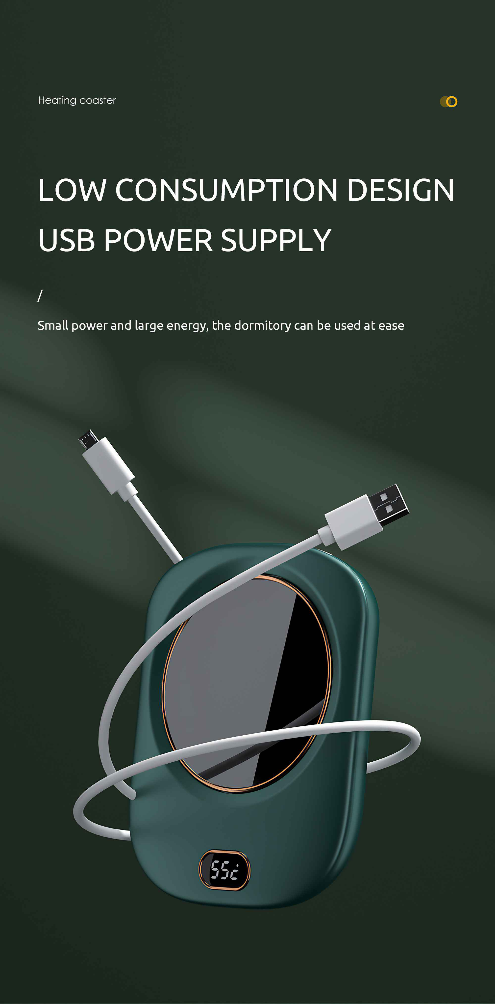 Ein grüner Heizuntersetzer mit USB-Kabel. Es hat eine Digitalanzeige mit der Anzeige '552'. Es steht 'LOW CONSUMPTION DESIGN USB POWER SUPPLY'.