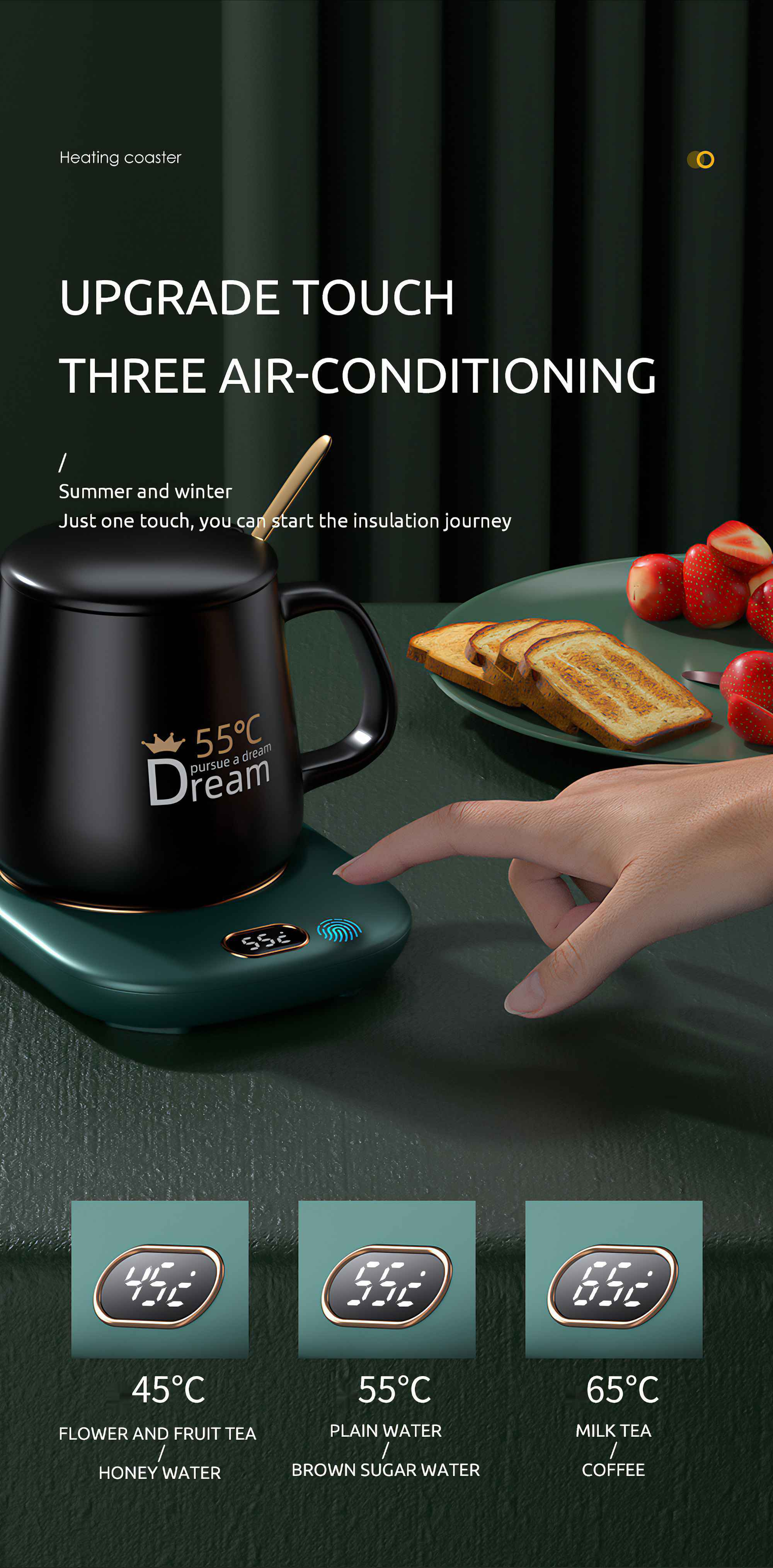 Eine schwarze Tasse mit einem Löffel auf einem Heizsockel mit drei Temperaturoptionen, Toast und Erdbeeren an der Seite.
