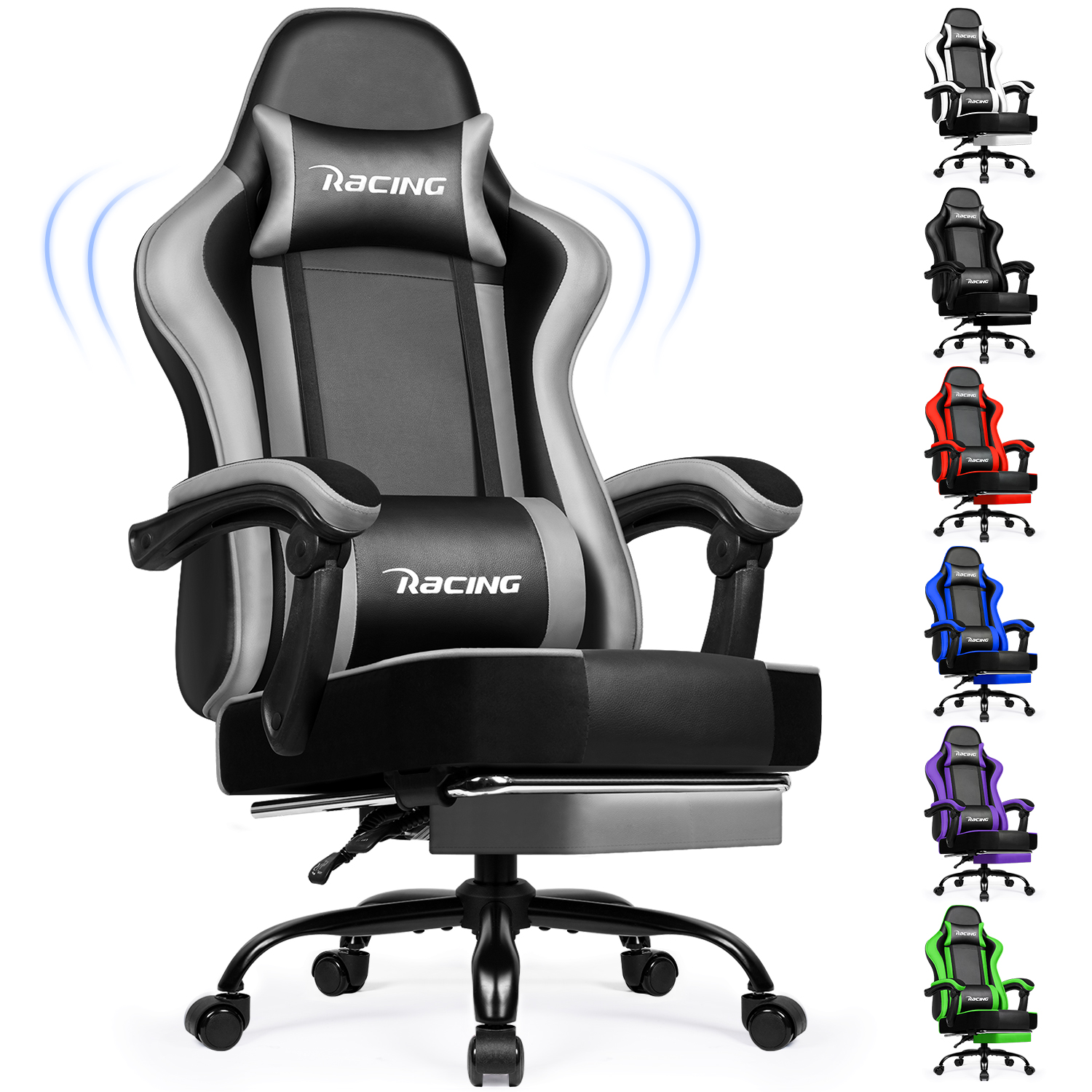 Ein grau-schwarzer und silberfarbener Renn-Gaming-Stuhl mit Fußstütze und mehreren Farbvarianten auf weißem Hintergrund.