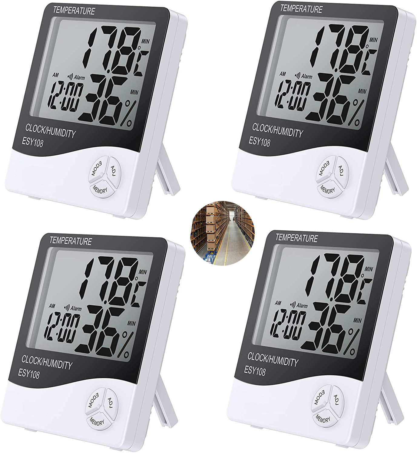 Vier digitale Thermometer, die Temperatur, Luftfeuchtigkeit und Uhrzeit anzeigen. Jedes hat Tasten für Modus, Einstellen und Speicher.