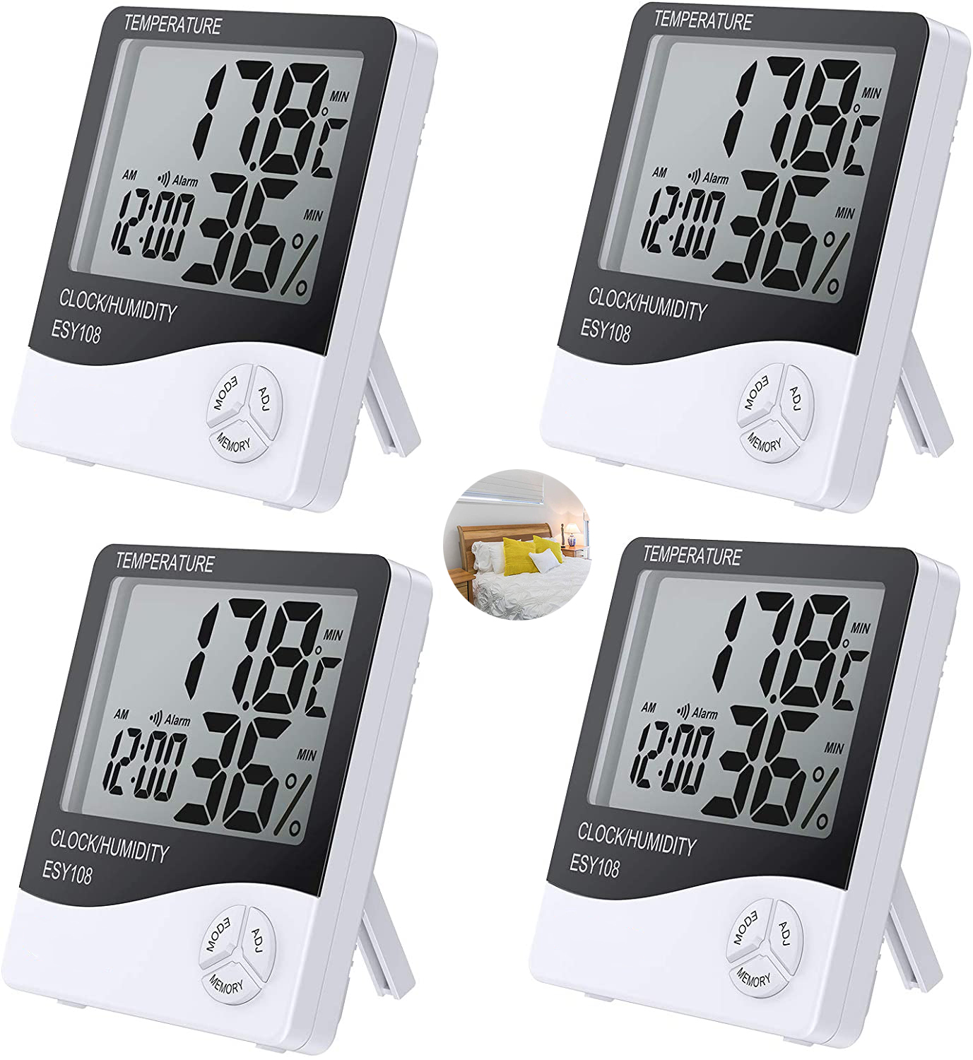 Vier digitale Uhr-/Feuchtigkeitsmesser. Jeder zeigt Temperatur, Uhrzeit und Luftfeuchtigkeit an. Ein kleines Bettbild befindet sich in der Mitte.
