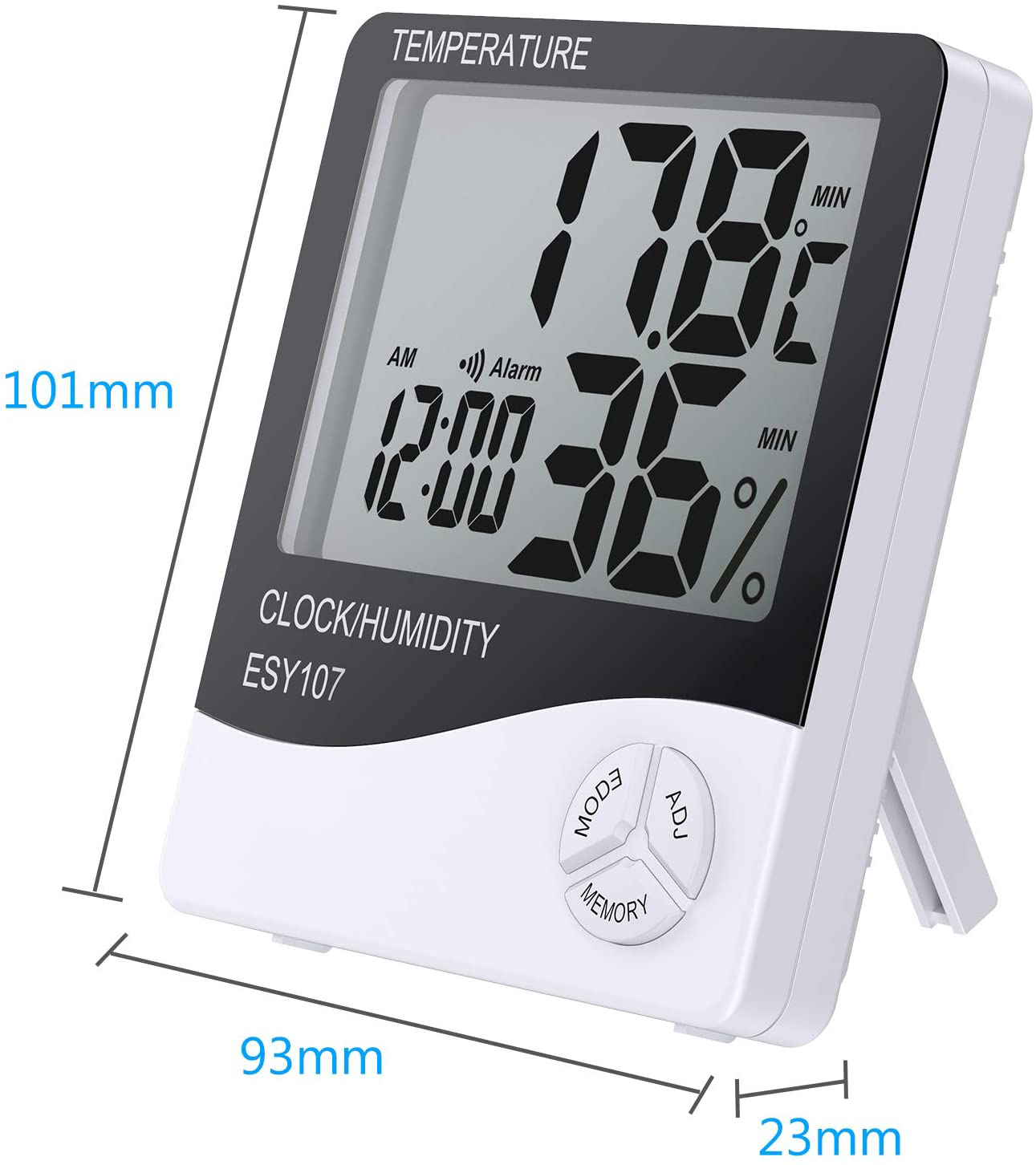 Ein weißer digitaler Uhr-/Feuchtigkeitsmesser zeigt Zeit, Temperatur und Luftfeuchtigkeit an. Es hat Knöpfe und ist mit 'ESY107' beschriftet.