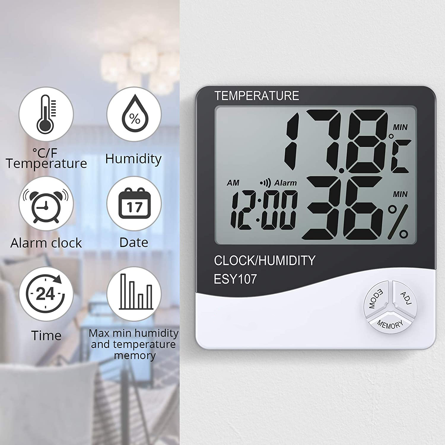 Digitaluhr mit Temperatur 17,8°C, Luftfeuchtigkeit 36% und Uhrzeit 12:00. Zeigt auch Datum und weitere Funktionen.