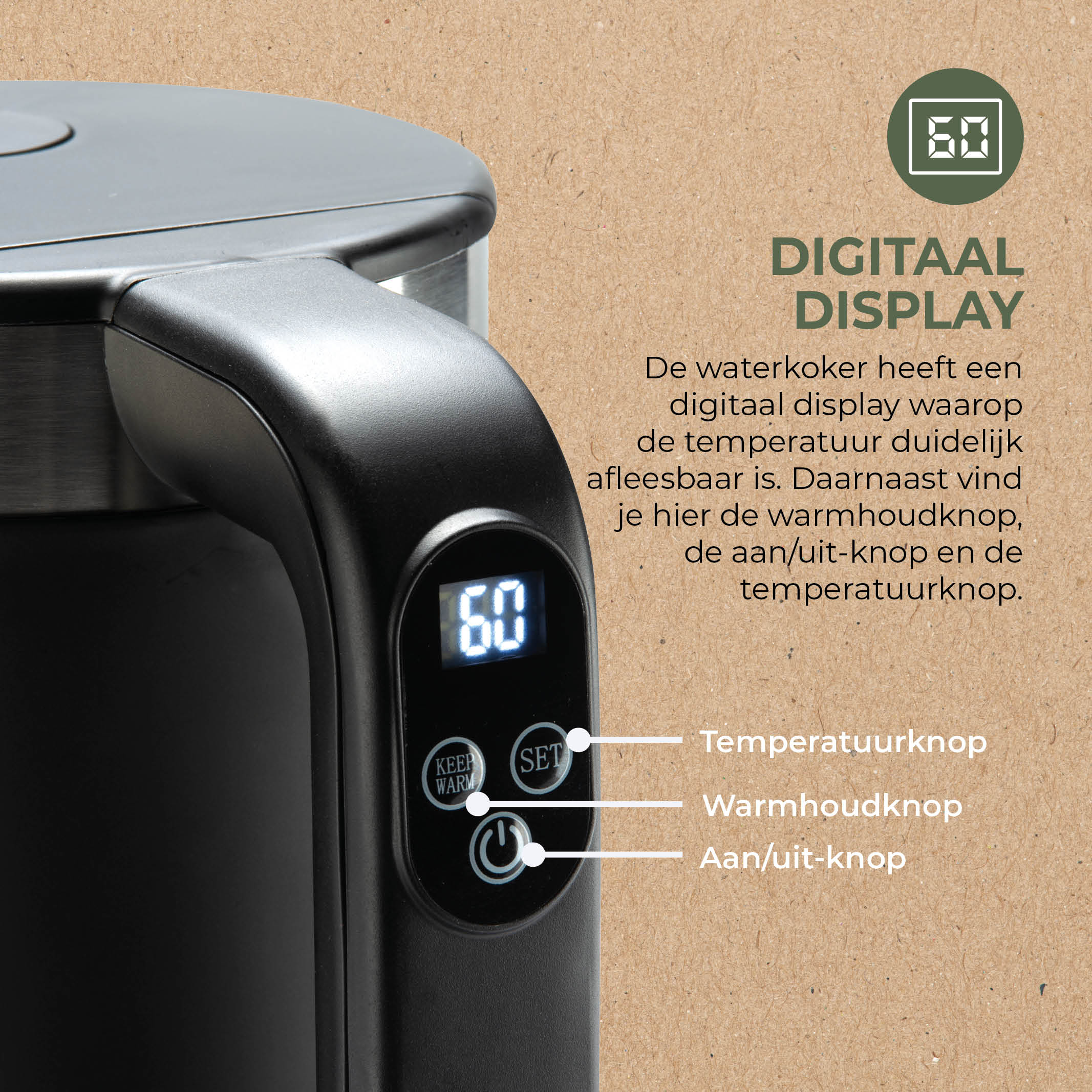 Close-up van een zwarte waterkoker met een digitale display met 60. Knoppen zijn: warm houden, instellen en aan/uit.