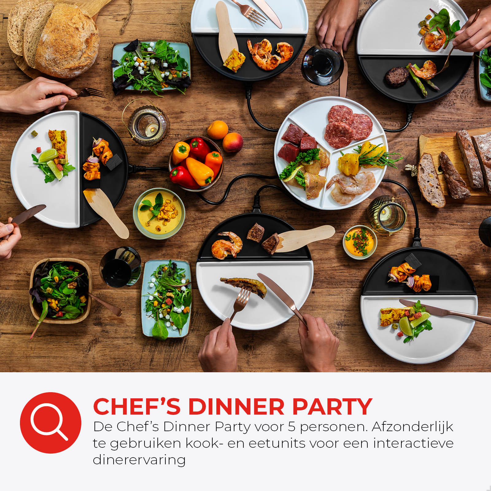 A dinner party with various dishes on plates, including meat, vegetables, and bread, set on a wooden table.