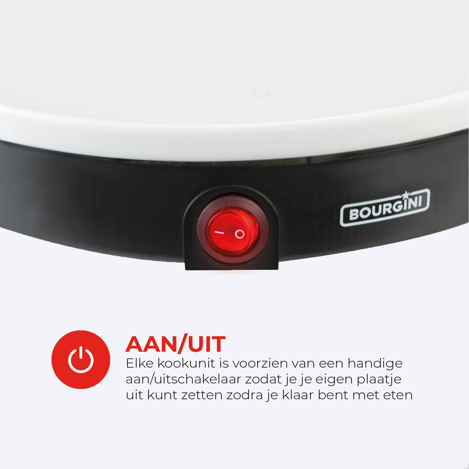 Close-up of a kitchen appliance with a red power button. White and black design with the brand name 'BOURGINI'.