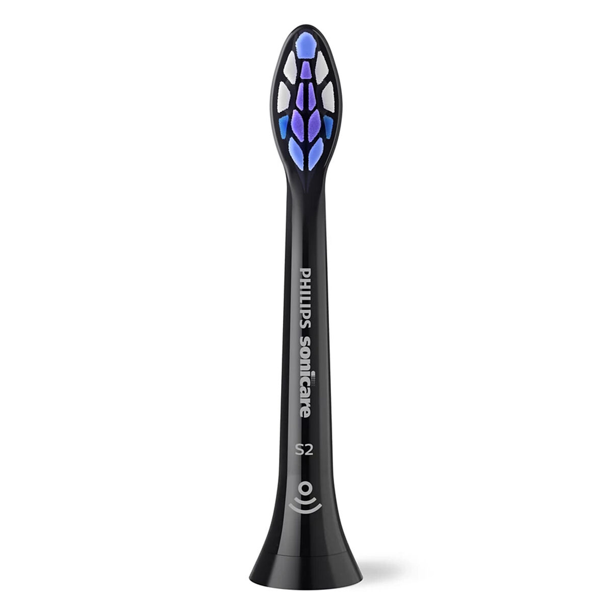 Una testina per spazzolino Philips Sonicare nera. Le setole hanno accenti blu e viola. L'impugnatura si assottiglia verso una base più ampia.