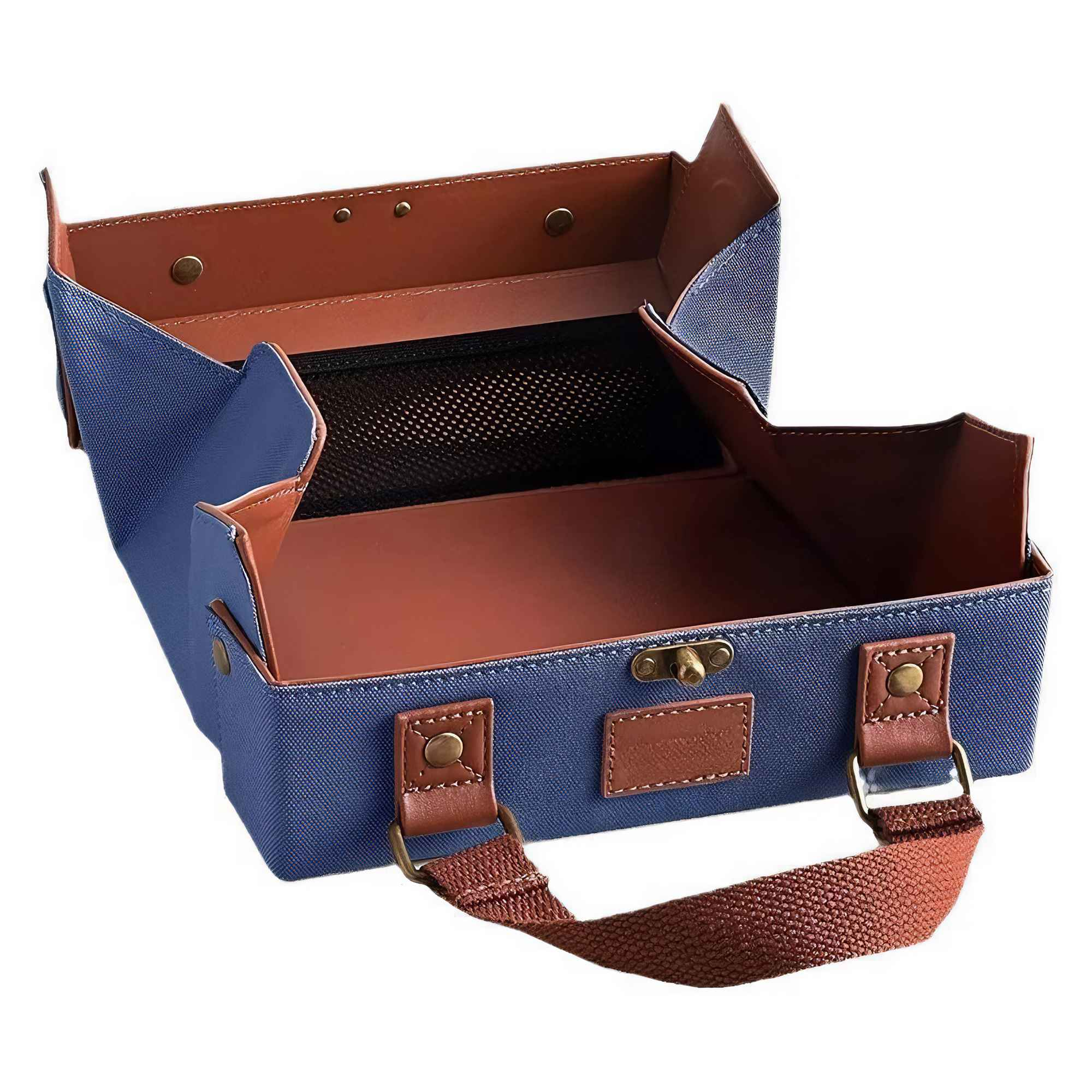 Eine offene blaue und braune Tasche mit Griff. Die Innenseite ist braun. Die Tasche hat eine Netztasche.