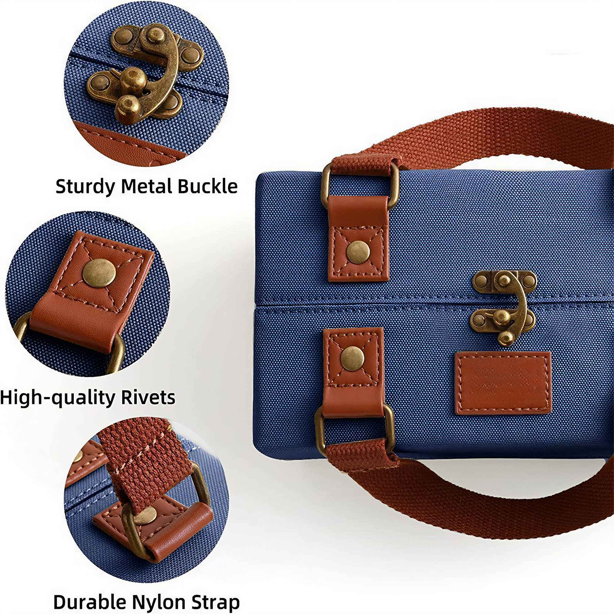 Blaue Tasche mit braunem Griff und Details. Enthält Metallschnalle, Nieten und einen Nylonriemen. Nahaufnahmedetails werden gezeigt.