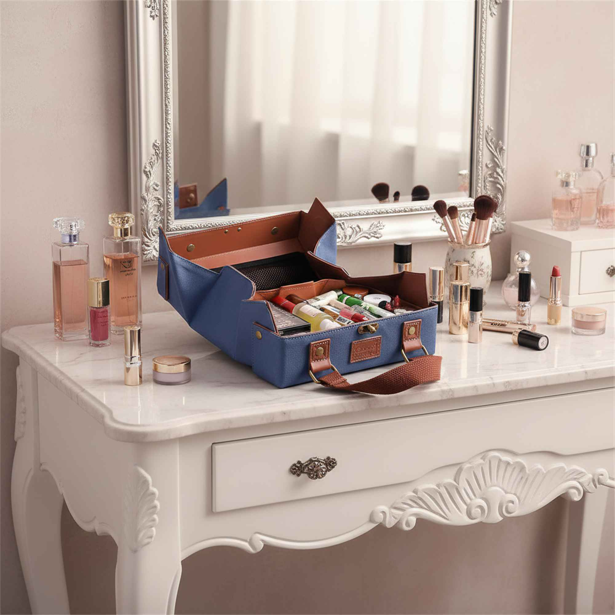Offener Make-up-Koffer auf einem Tisch mit Parfums, Pinseln und Lippenstiften. Hinter dem Tisch befindet sich ein Spiegel.