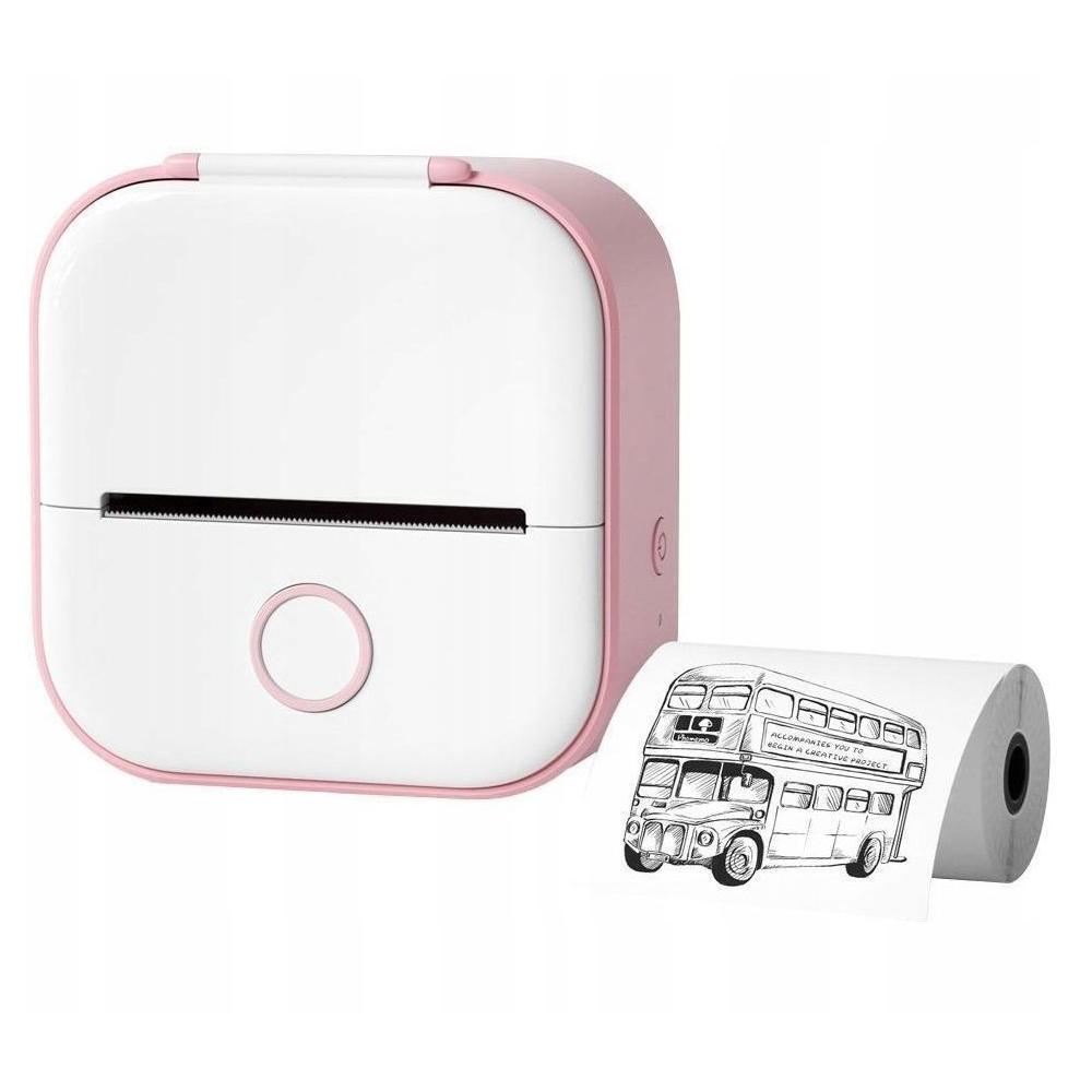 Biało-różowa przenośna drukarka z rolką papieru z motywem autobusu.