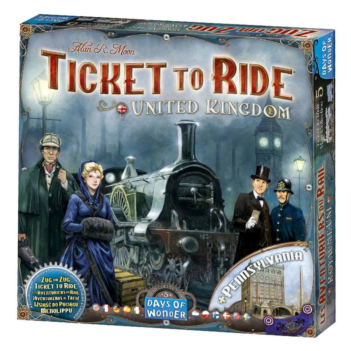 Ticket to Ride-Brettspielbox. Sie zeigt Personen in der Nähe eines Zuges, Big Ben und die Worte "Ticket to Ride United Kingdom".