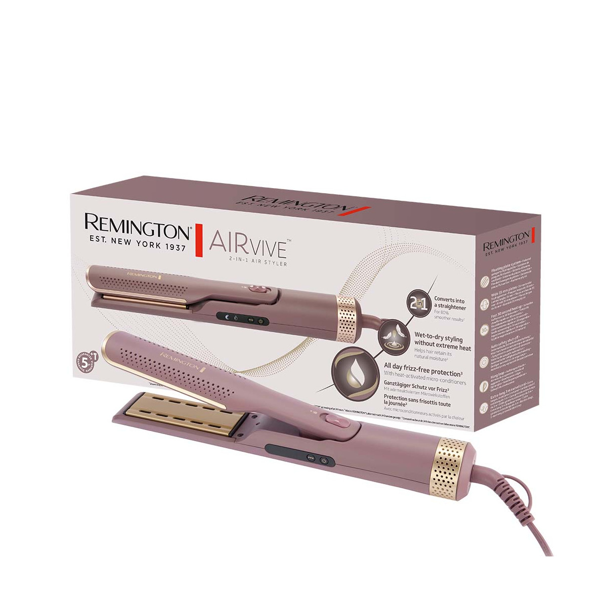 Una scatola di Remington AirVIVE 2 in 1. Lo styler è viola e oro. Caratteristiche: styling su capelli bagnati e senza effetto crespo.
