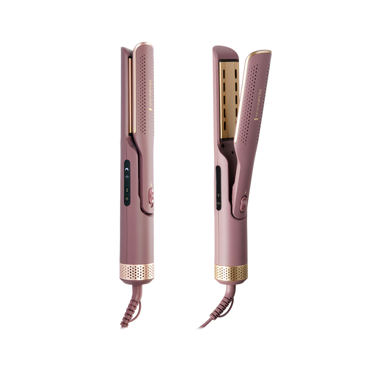 Sono mostrate due piastre per capelli malva e oro, una chiusa e una aperta. Entrambe hanno il marchio Remington e cavi. Sfondo bianco.