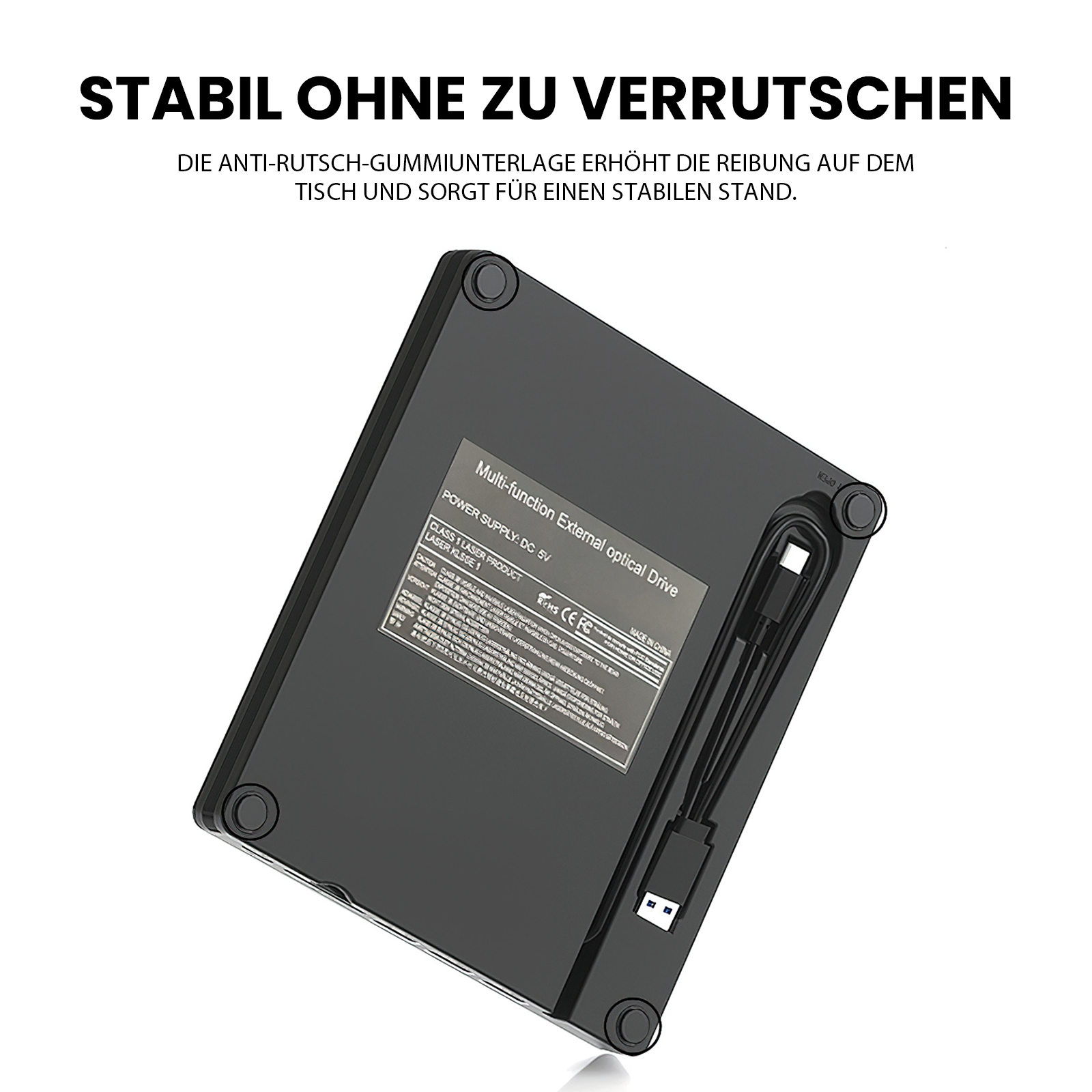 Ein schwarzes externes optisches Laufwerk, mit Kabel, Text und Gummifüßen, auf weißem Hintergrund.