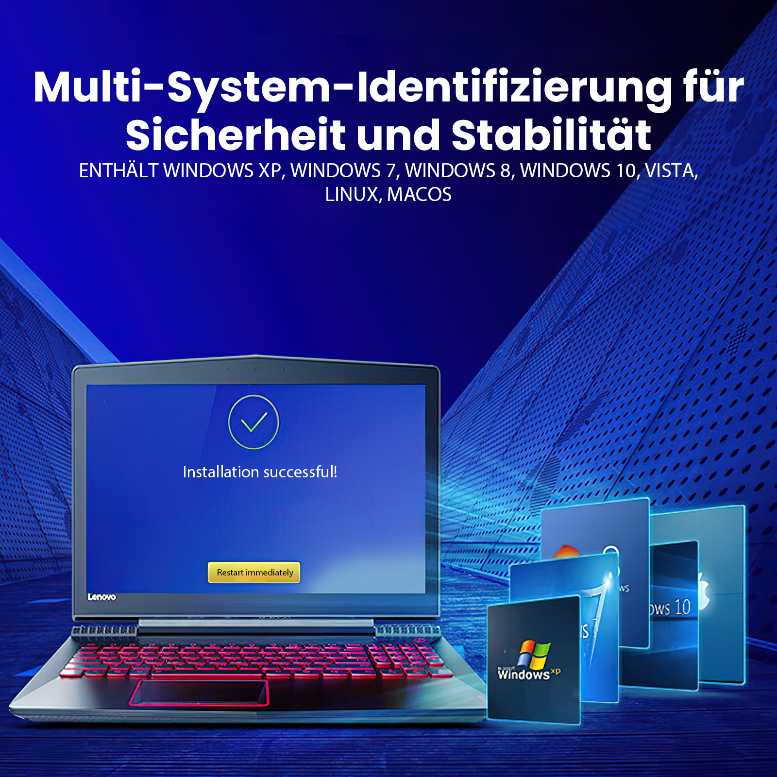 Laptop mit Erfolgsmeldung. Mehrere Betriebssystemlogos rechts. Der Hintergrund ist blau.