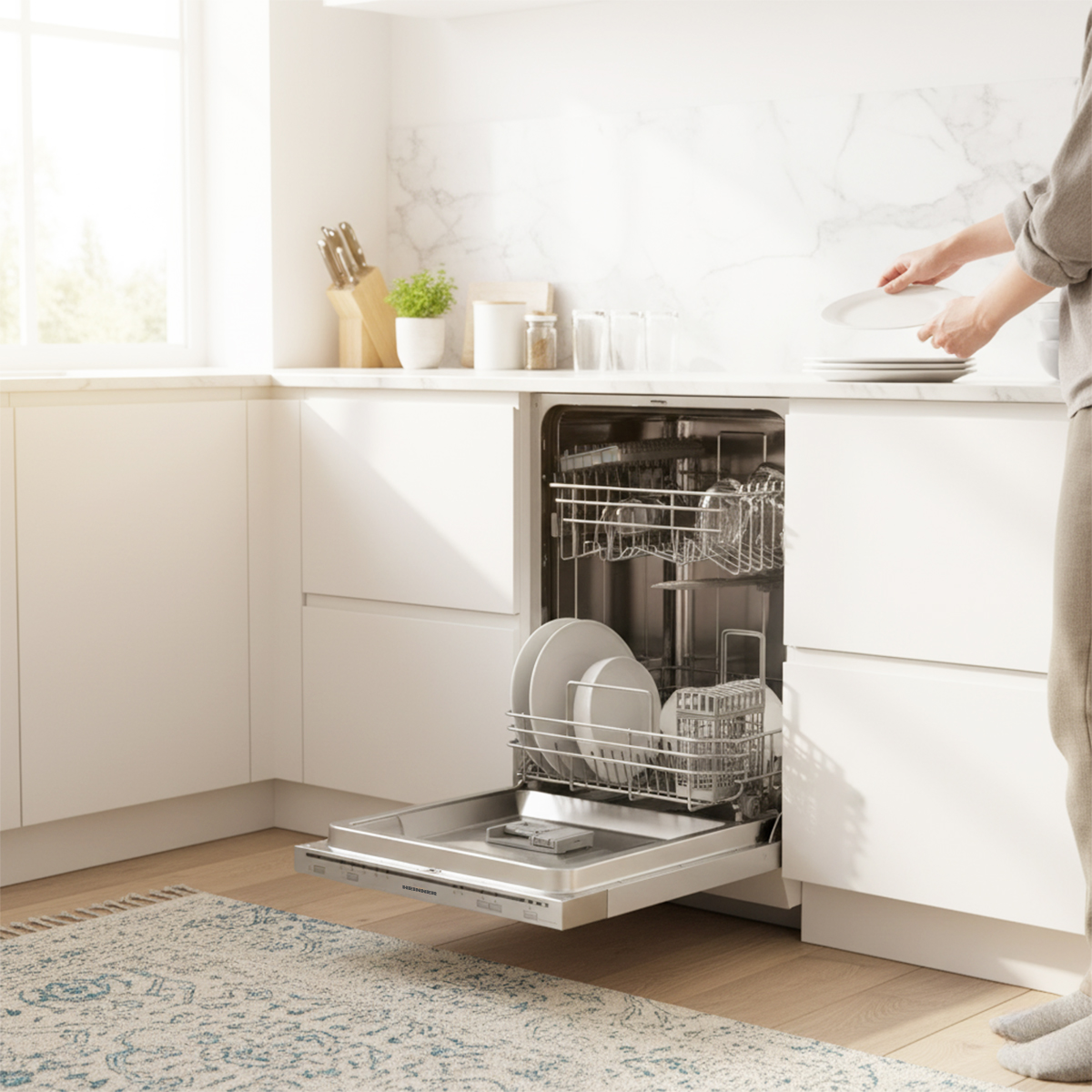 Een persoon plaatst een bord in een open vaatwasser in een heldere witte keuken. Er staan al verschillende gerechten in.