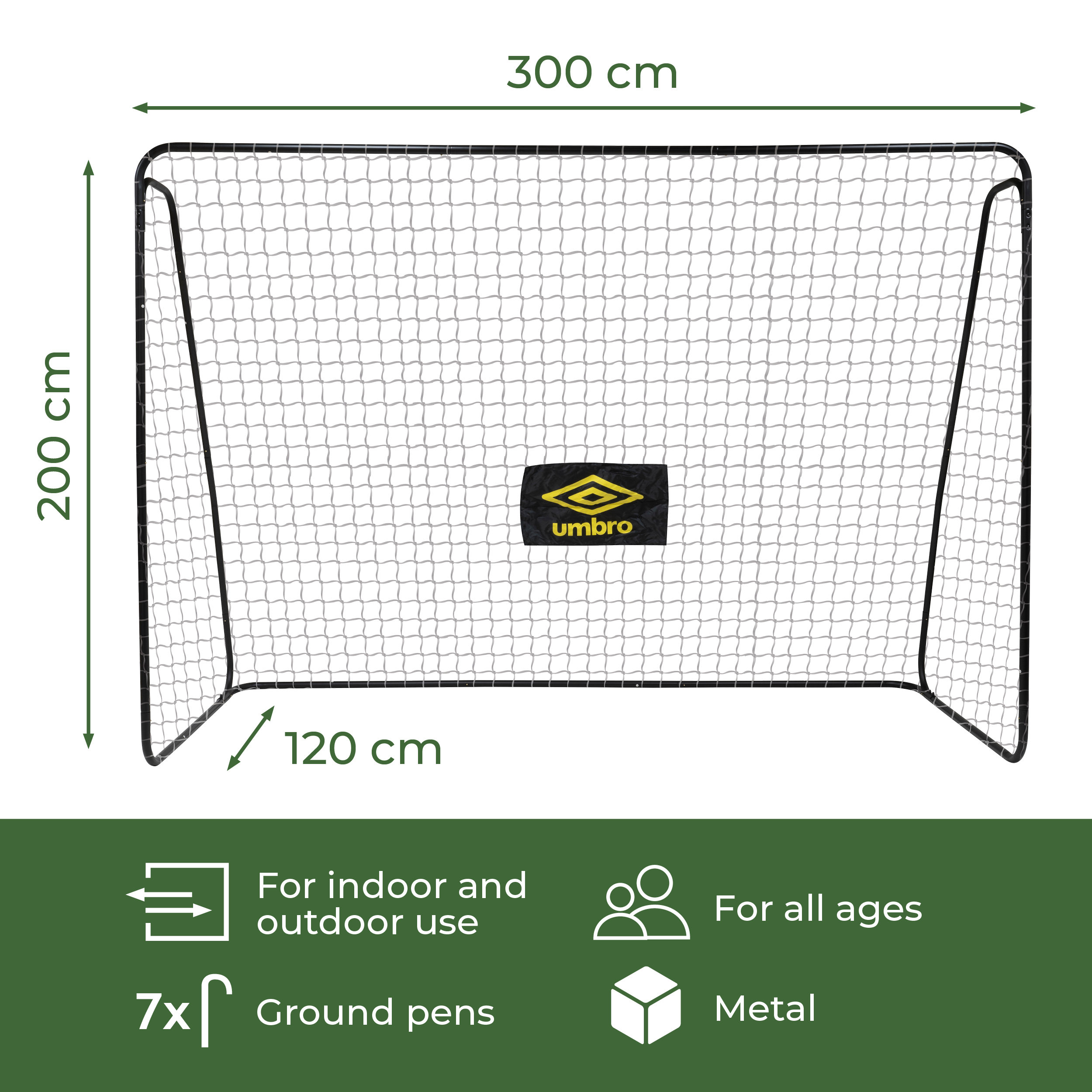 Een voetbaldoel met net, zwart frame en Umbro-logo. Het is 300 cm breed, 200 cm hoog en 120 cm diep.
