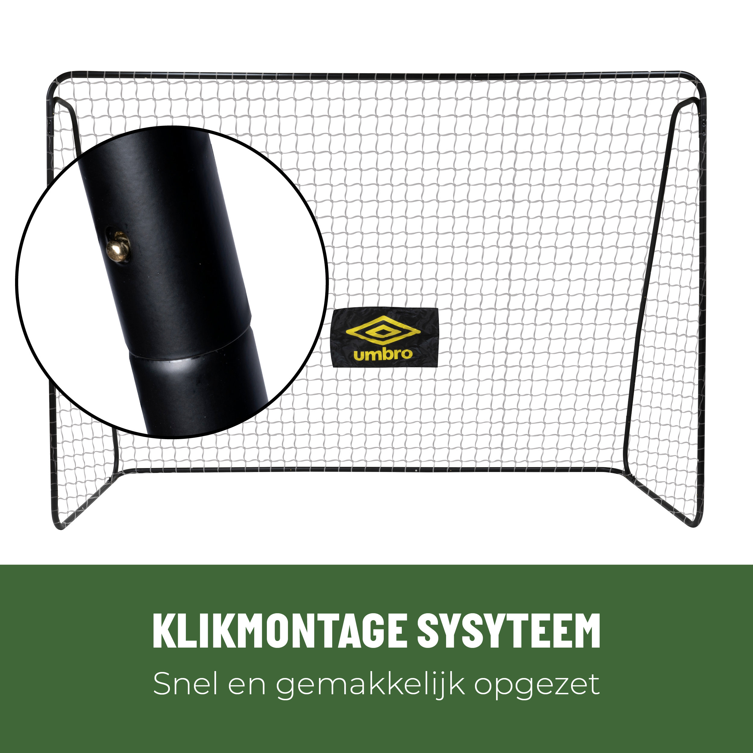 Een voetbaldoel met zwart frame en net. Een Umbro logo is zichtbaar. Tekst luidt 'Klikmontage Systeem'.
